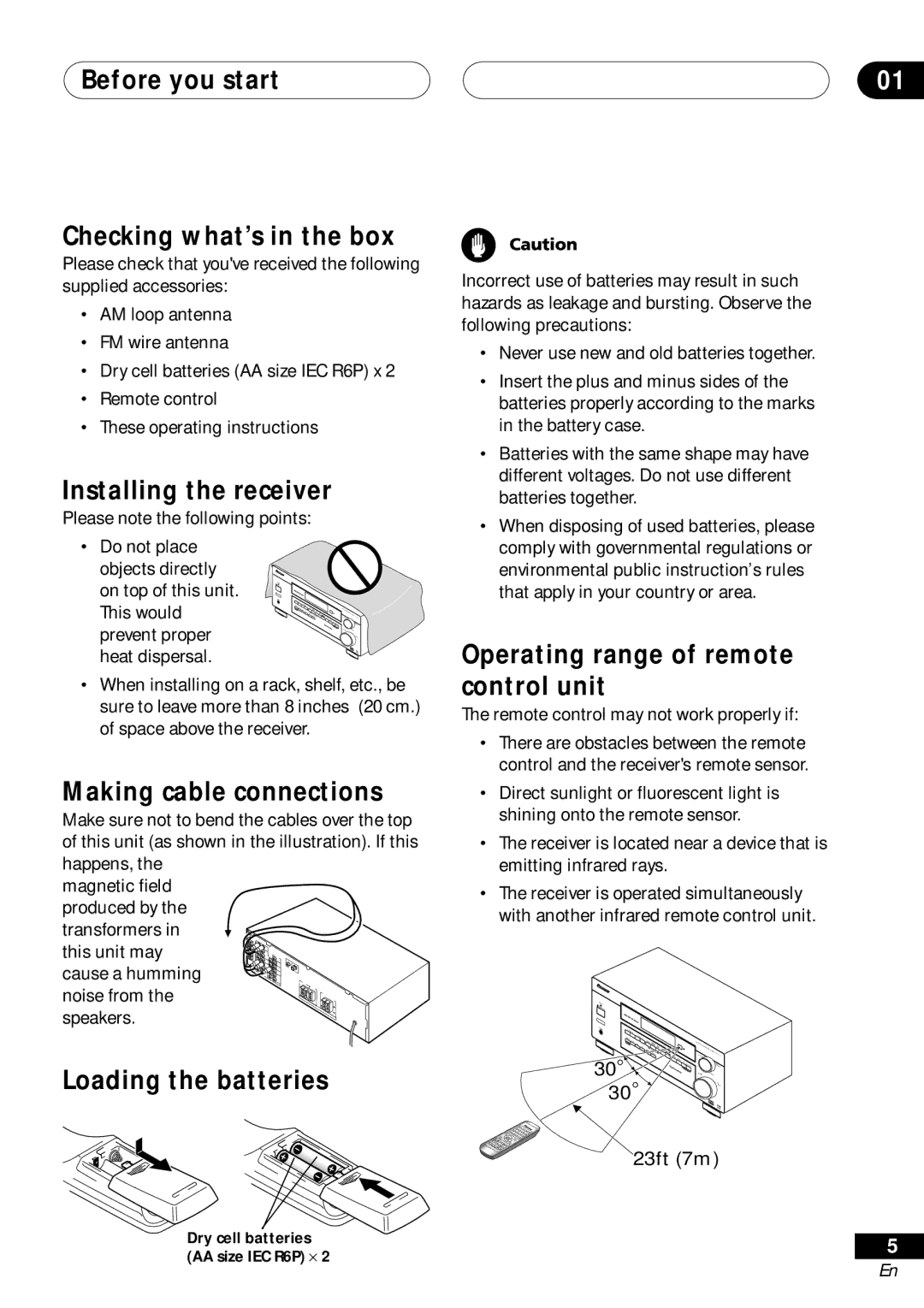 Pioneer VSX-D511, VSX-D41 Before you start Checking what’s in the box, Installing the receiver, Making cable connections 