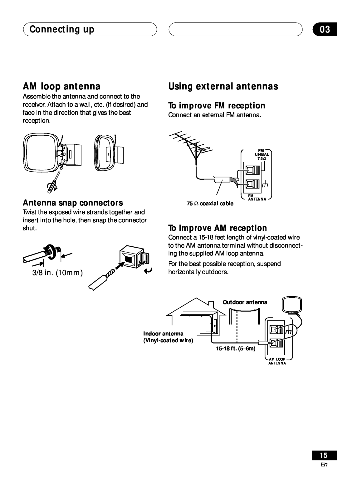 Pioneer VSX-D511 Connecting up AM loop antenna, Using external antennas, To improve FM reception, Antenna snap connectors 