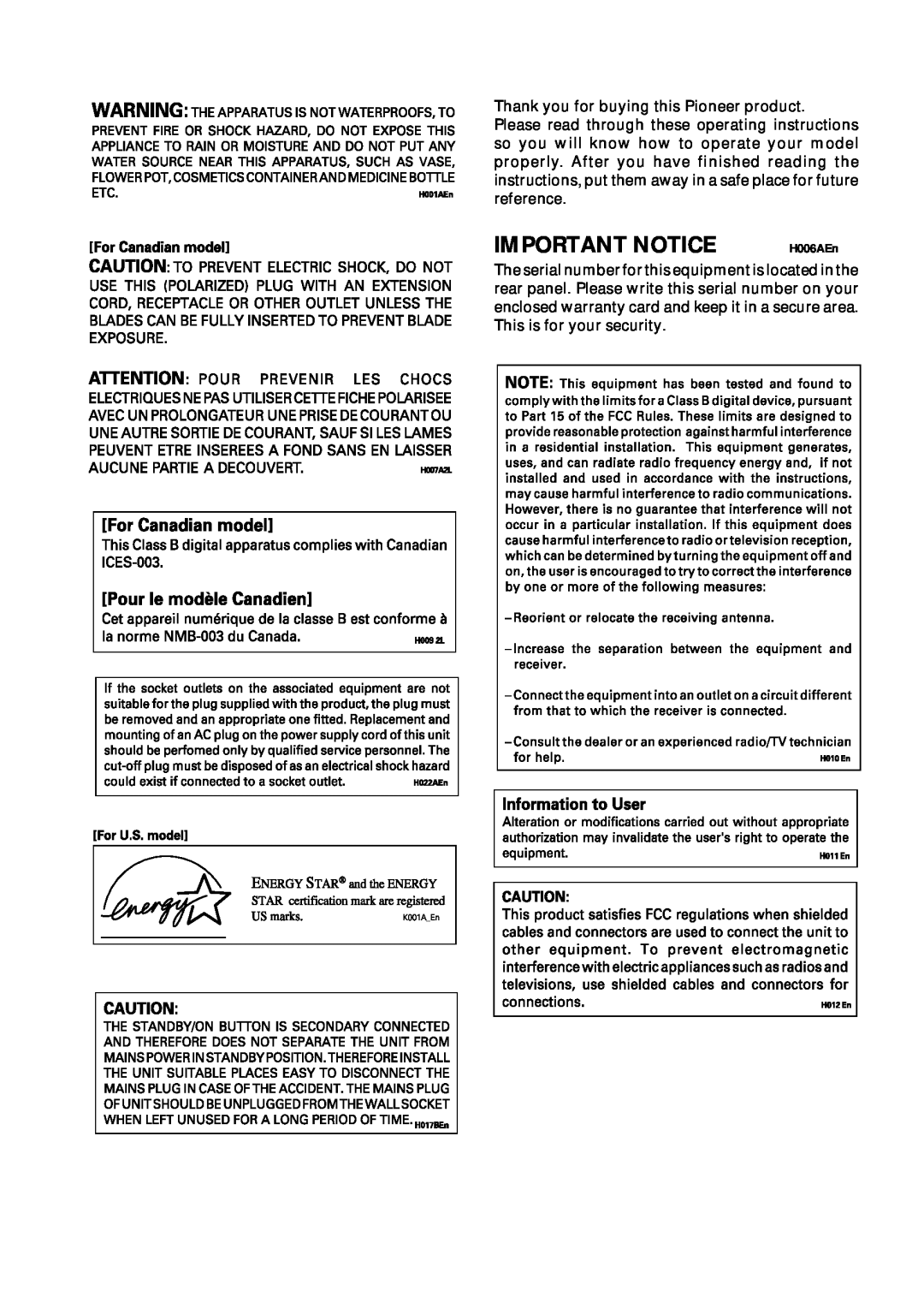 Pioneer VSX-D41, VSX-D511 manual Important Notice, H006AEn 