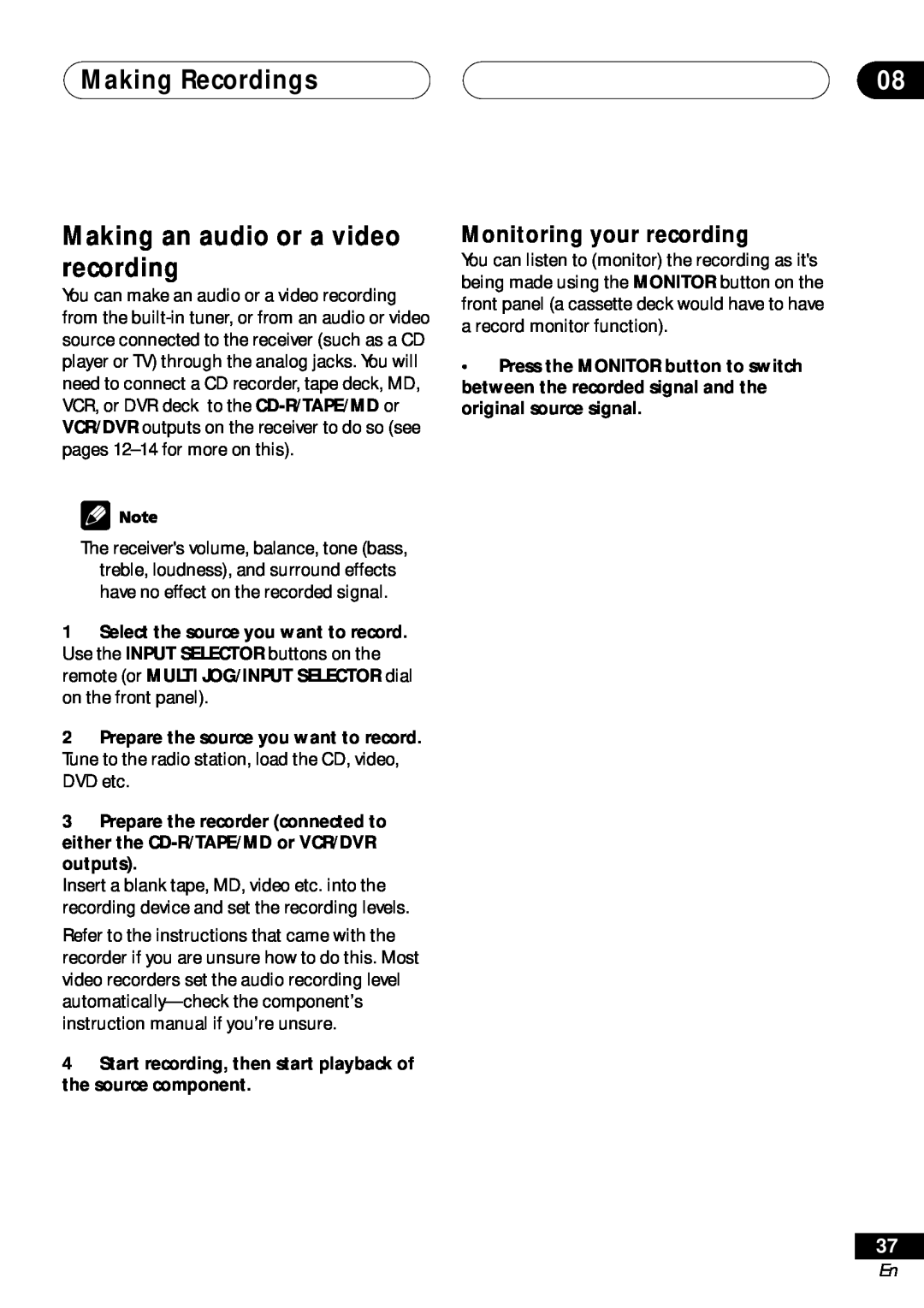 Pioneer VSX-D511, VSX-D41 manual Making Recordings, Making an audio or a video recording, Monitoring your recording 
