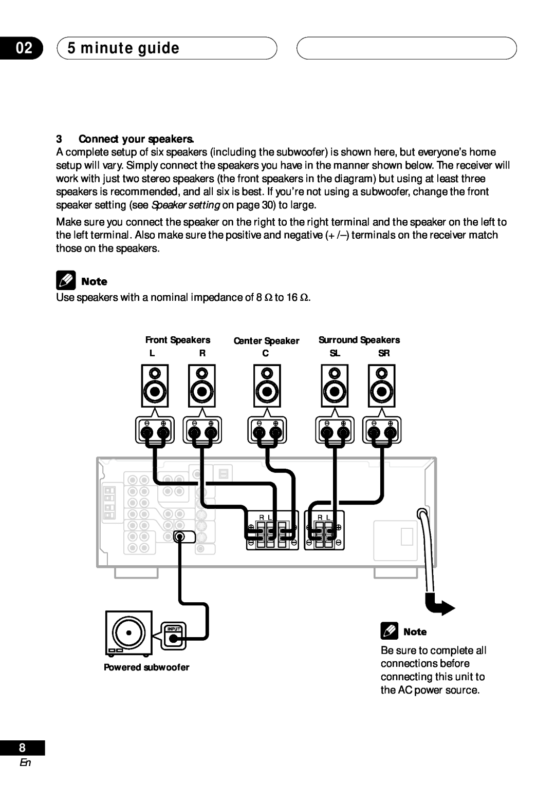 Pioneer VSX-D41, VSX-D511 manual 02 5 minute guide, Connect your speakers 