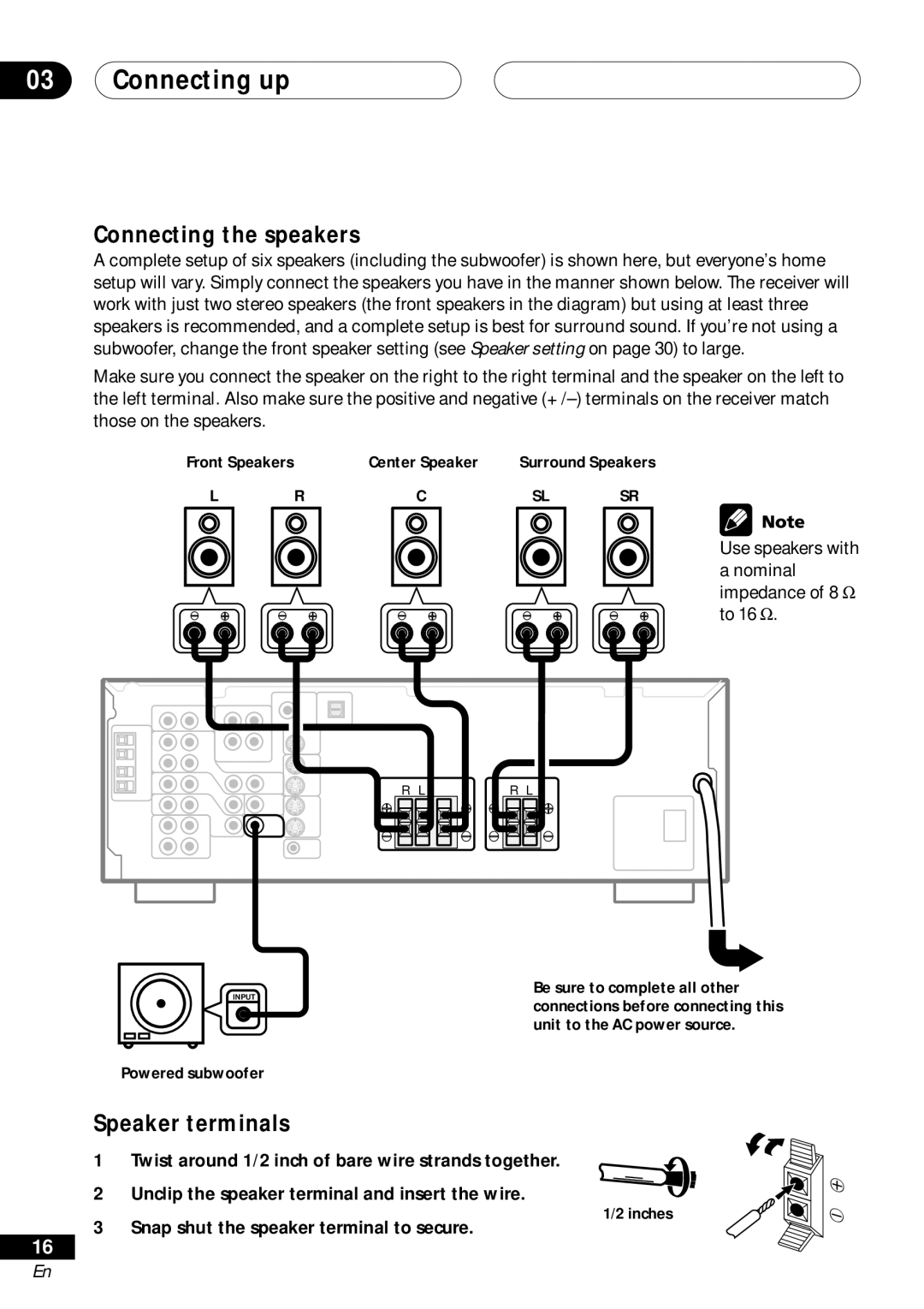 Pioneer VSX-D411 Connecting the speakers, Speaker terminals, Snap shut the speaker terminal to secure 