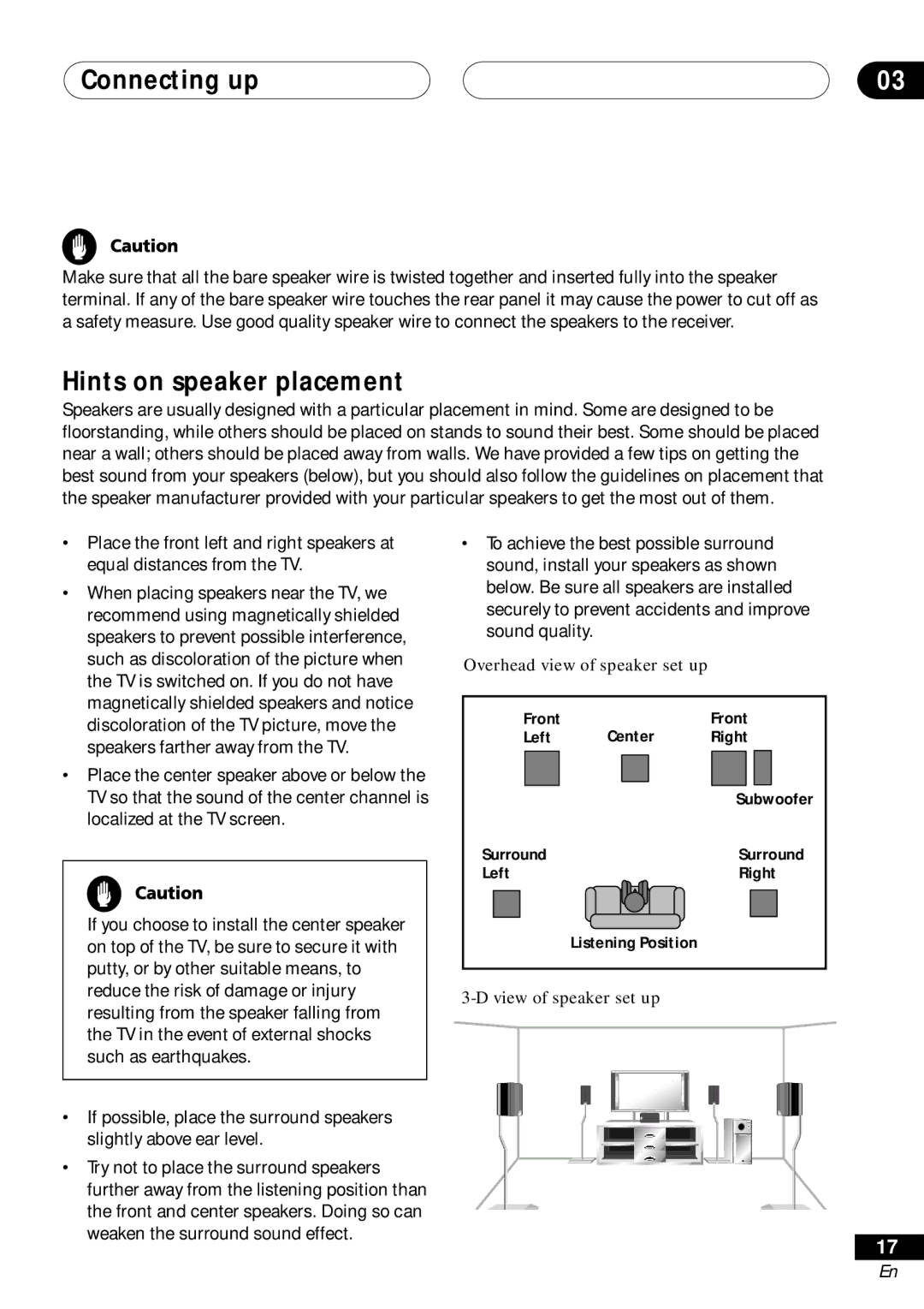 Pioneer VSX-D411 operating instructions Hints on speaker placement 