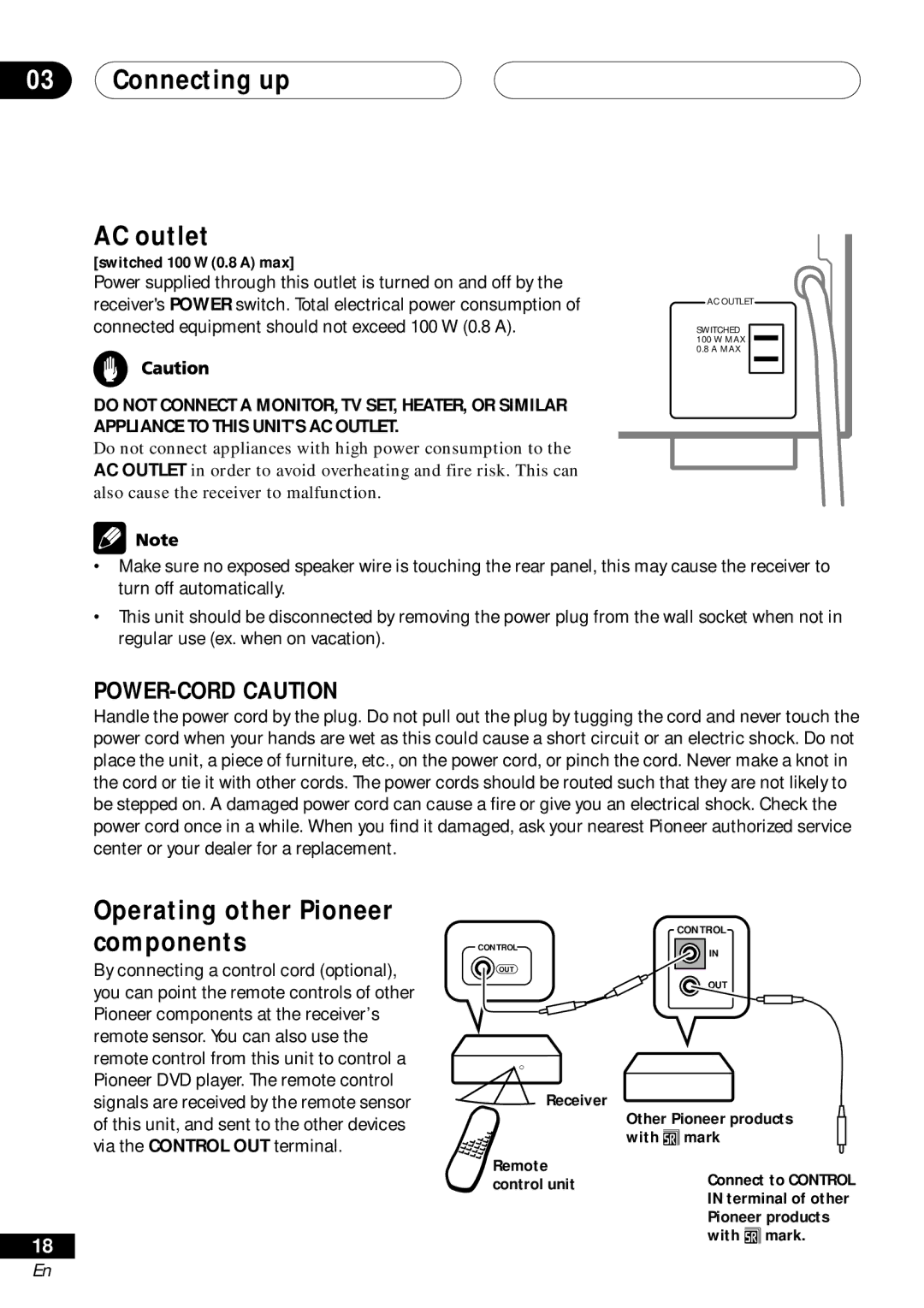 Pioneer VSX-D411 Connecting up AC outlet, Operating other Pioneer components, Appliance to this Units AC Outlet 