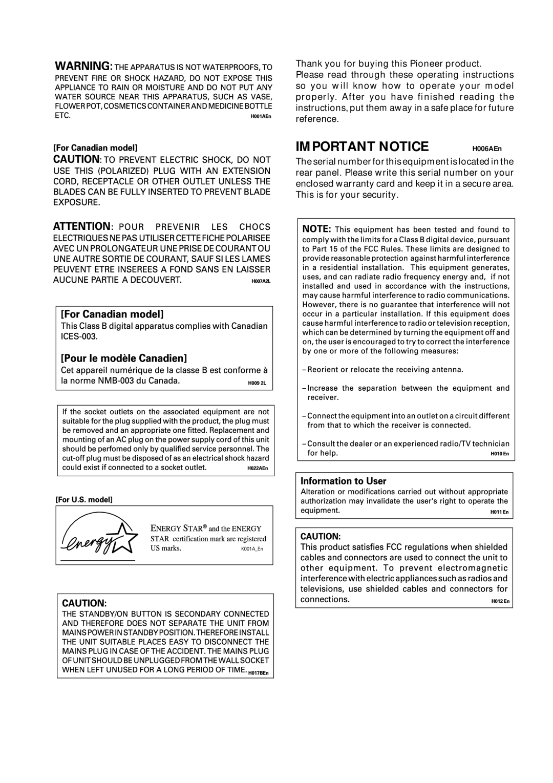 Pioneer VSX-D411 operating instructions Important Notice 