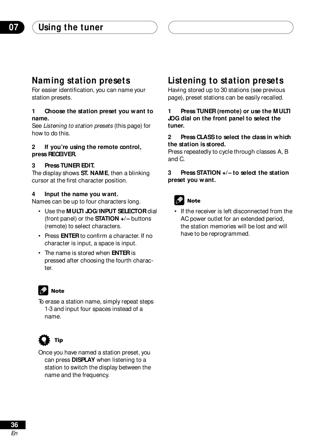 Pioneer VSX-D411 Using the tuner Naming station presets, Listening to station presets, Input the name you want 