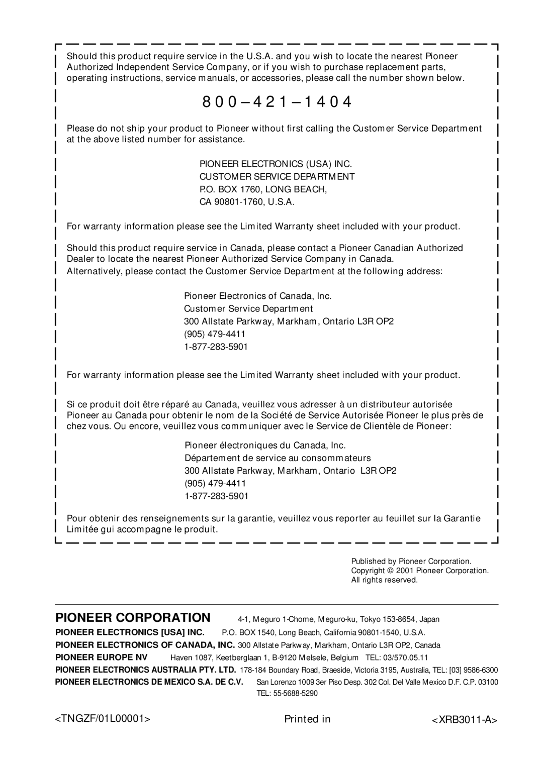 Pioneer VSX-D411 operating instructions 0 4 2 1 1 4 0, TNGZF/01L00001 Printed XRB3011-A 