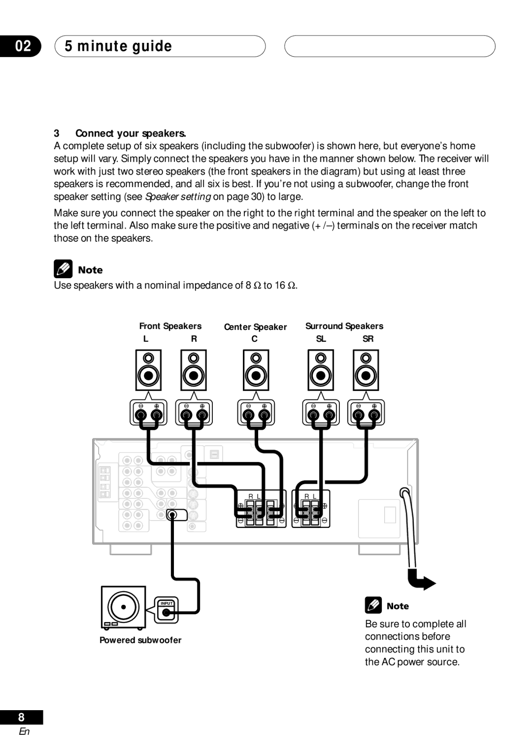 Pioneer VSX-D411 operating instructions 02 5 minute guide, Connect your speakers 