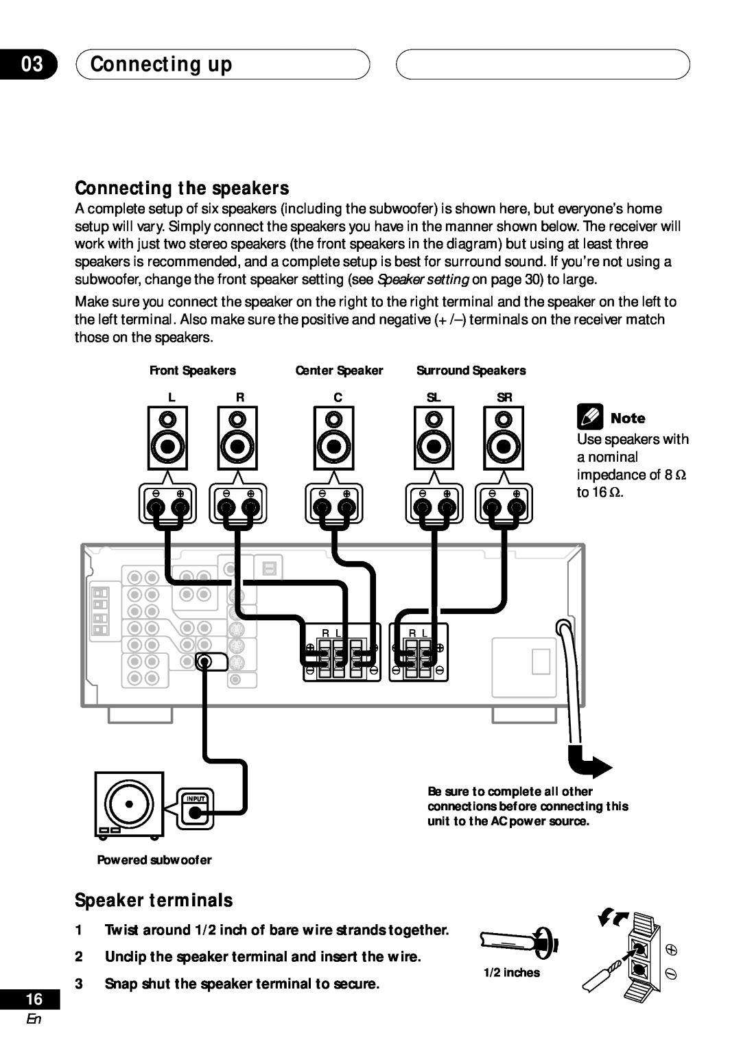 Pioneer VSX-D411 Connecting the speakers, Speaker terminals, Connecting up, Snap shut the speaker terminal to secure 