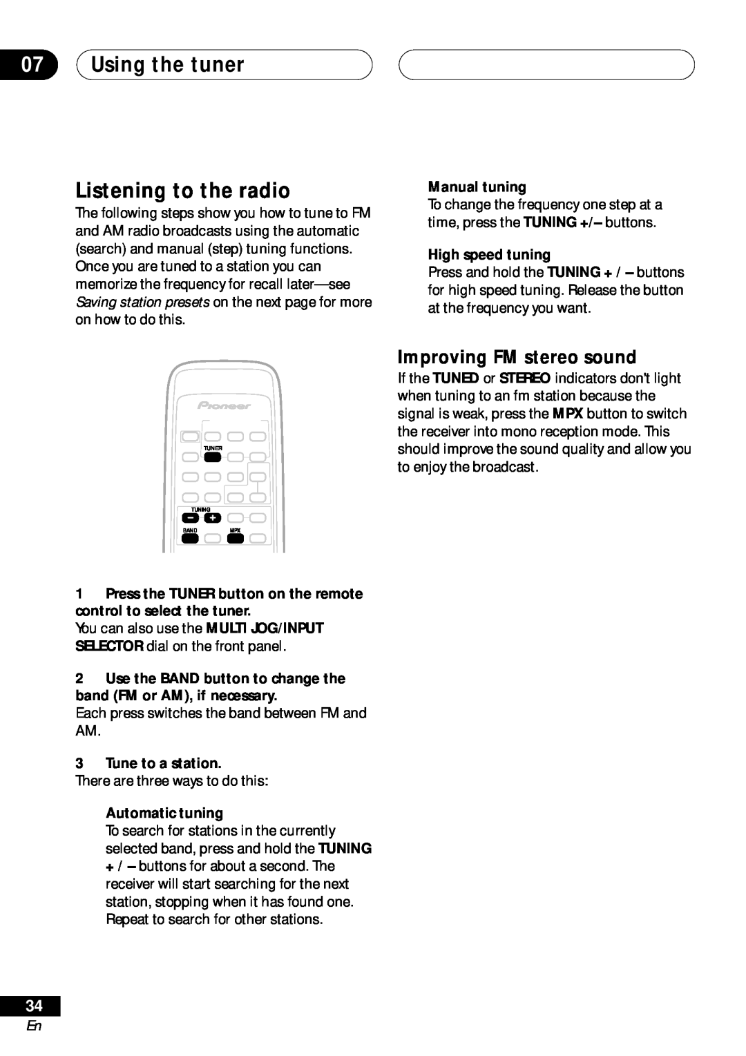 Pioneer VSX-D411 operating instructions 07Using the tuner Listening to the radio, Improving FM stereo sound 