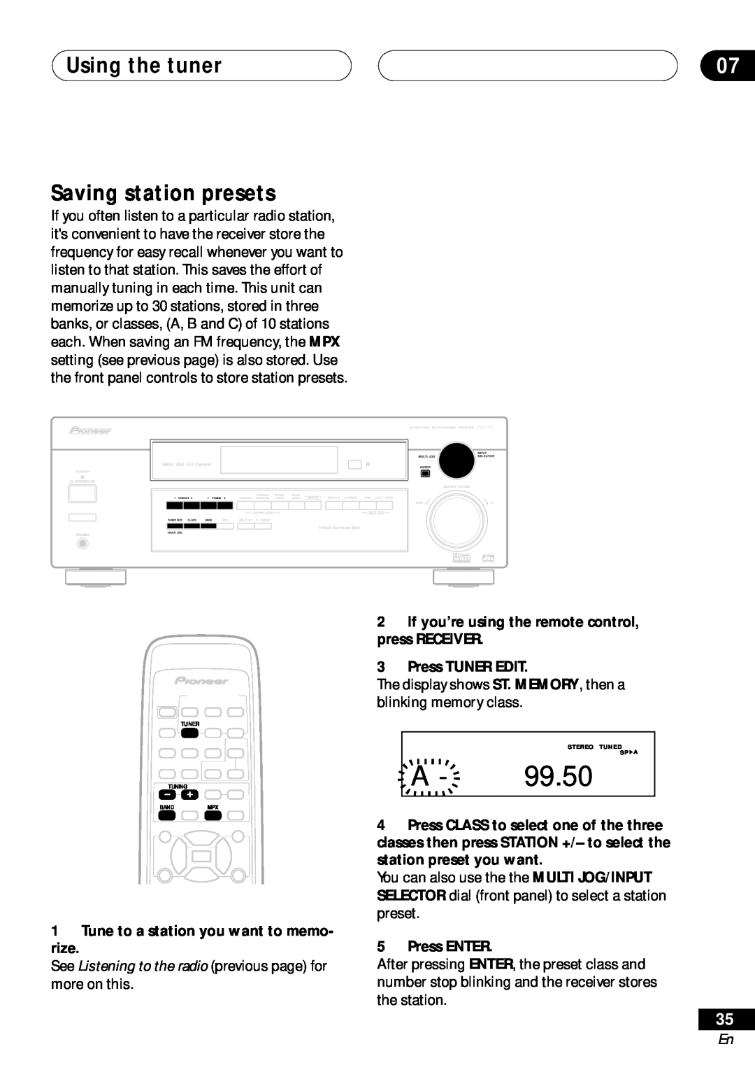 Pioneer VSX-D411 operating instructions Using the tuner, Saving station presets 