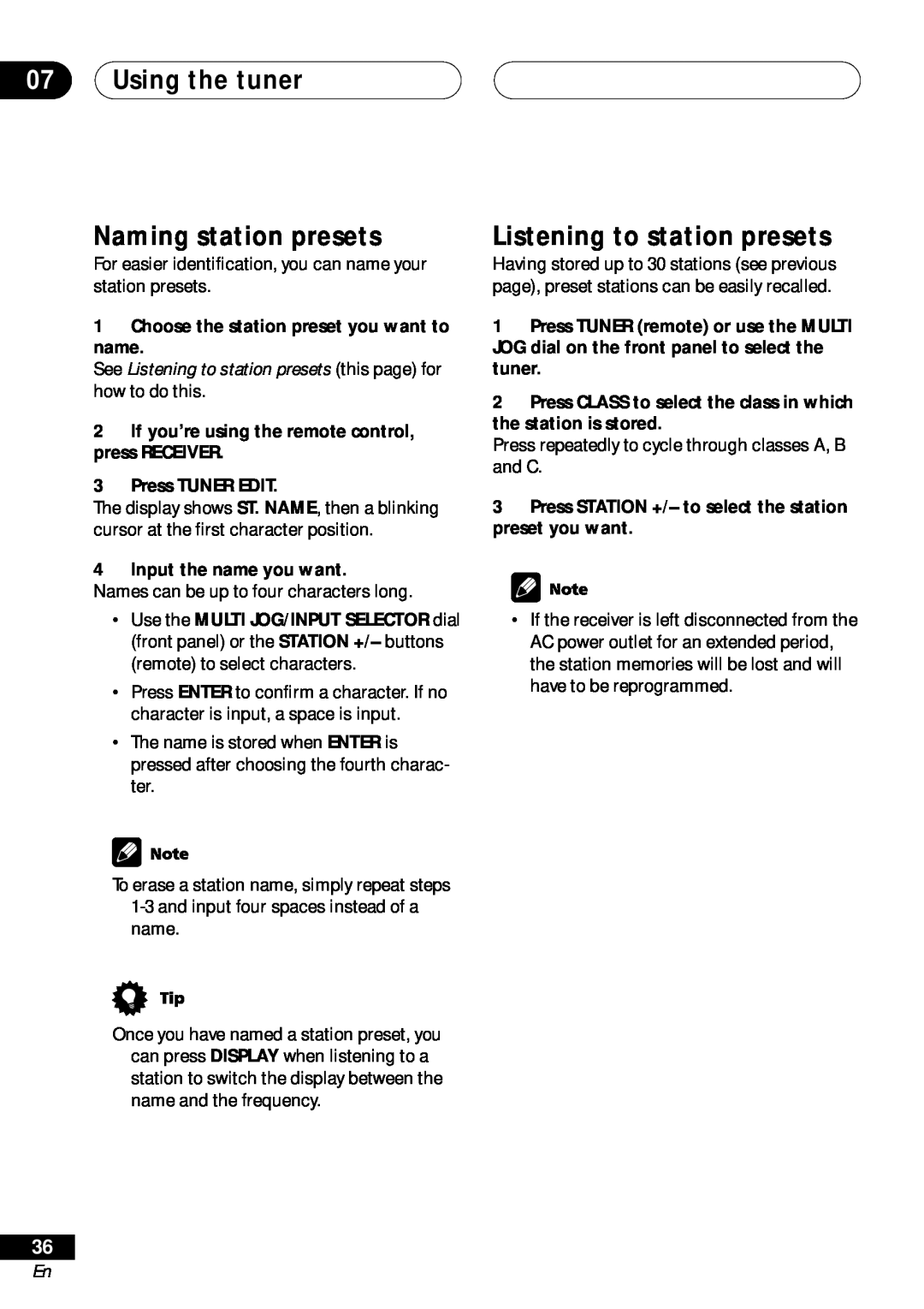 Pioneer VSX-D411 operating instructions 07Using the tuner Naming station presets, Listening to station presets 