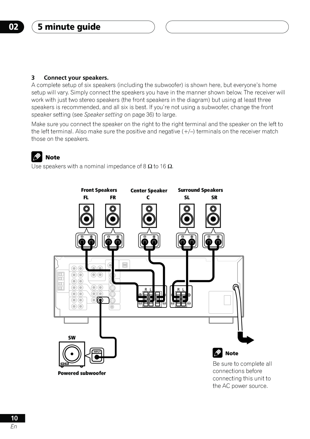 Pioneer vsx-d412 manual 02 5 minute guide, Connect your speakers 