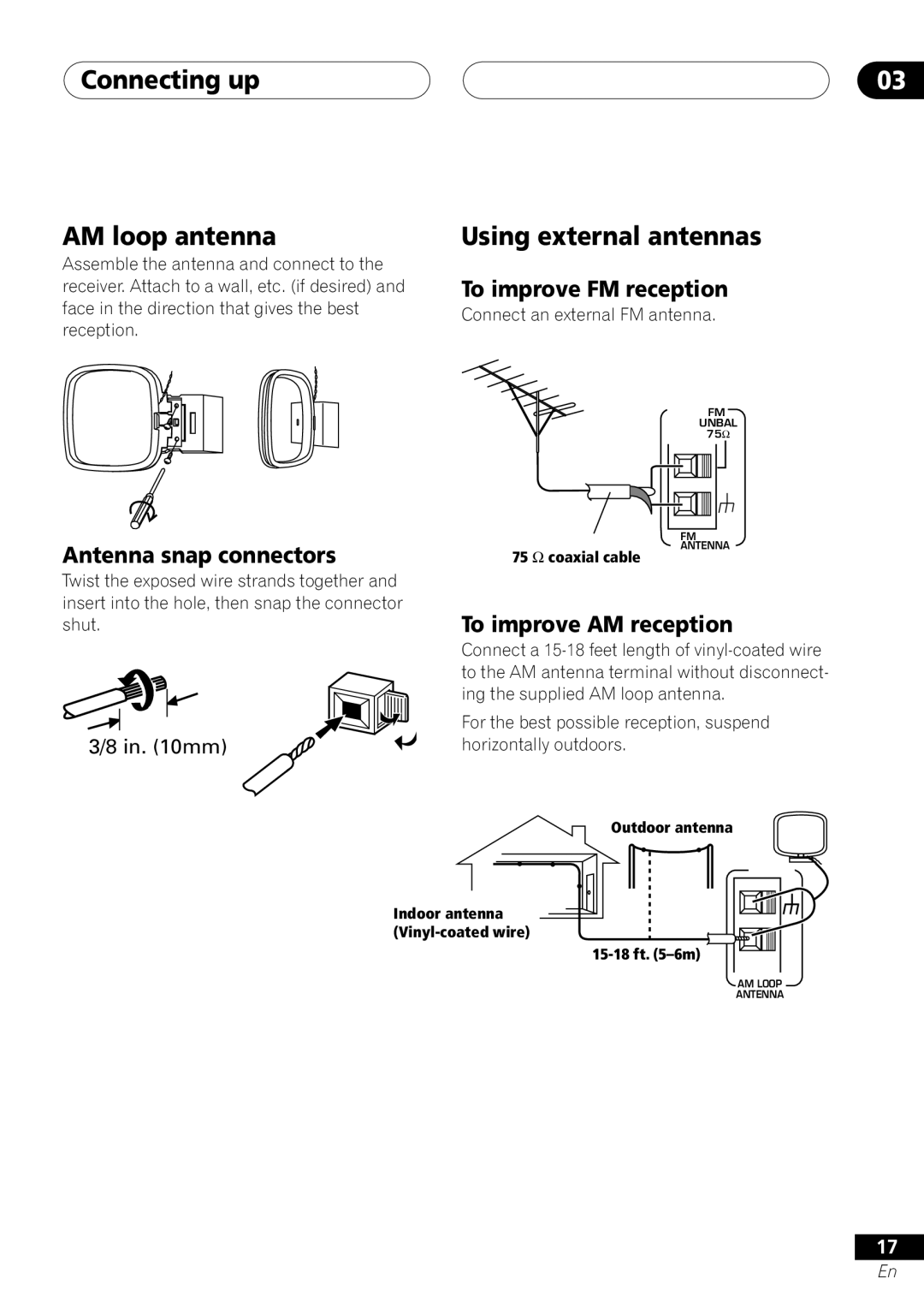 Pioneer vsx-d412 Connecting up AM loop antenna, Using external antennas, To improve FM reception, Antenna snap connectors 
