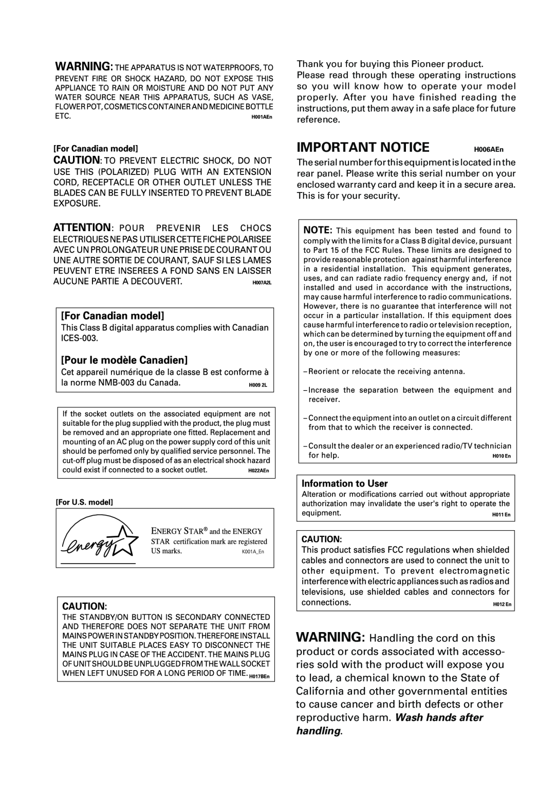 Pioneer vsx-d412 manual Important Notice, handling 