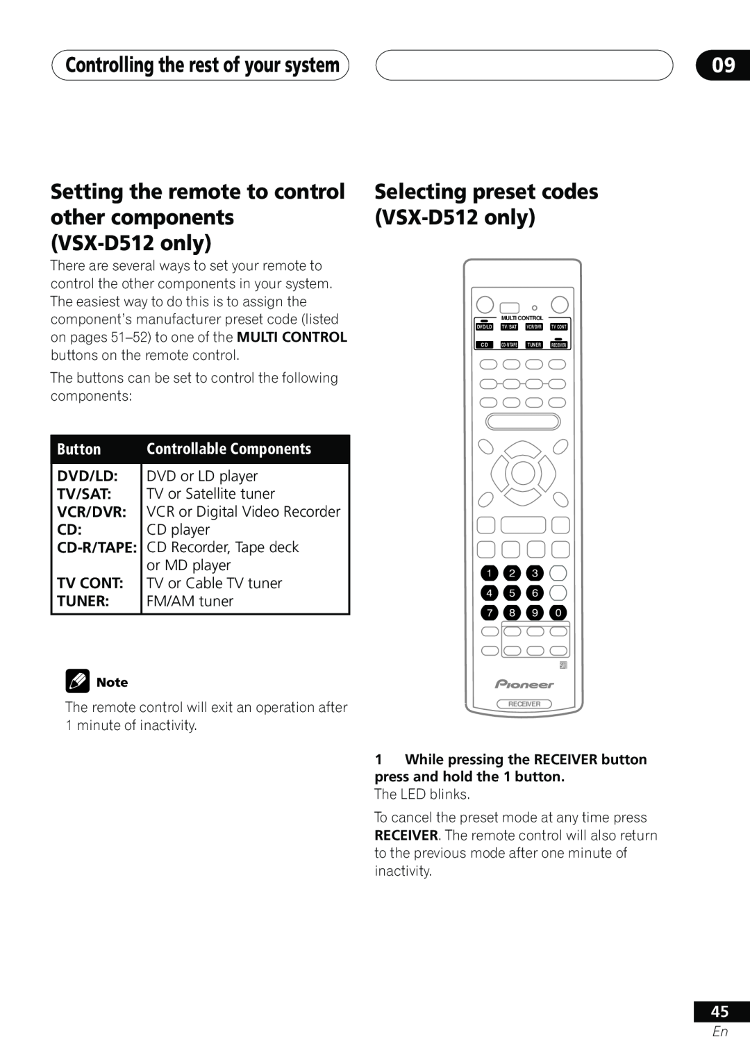 Pioneer vsx-d412 Selecting preset codes VSX-D512only, Controlling the rest of your system, Button, Controllable Components 