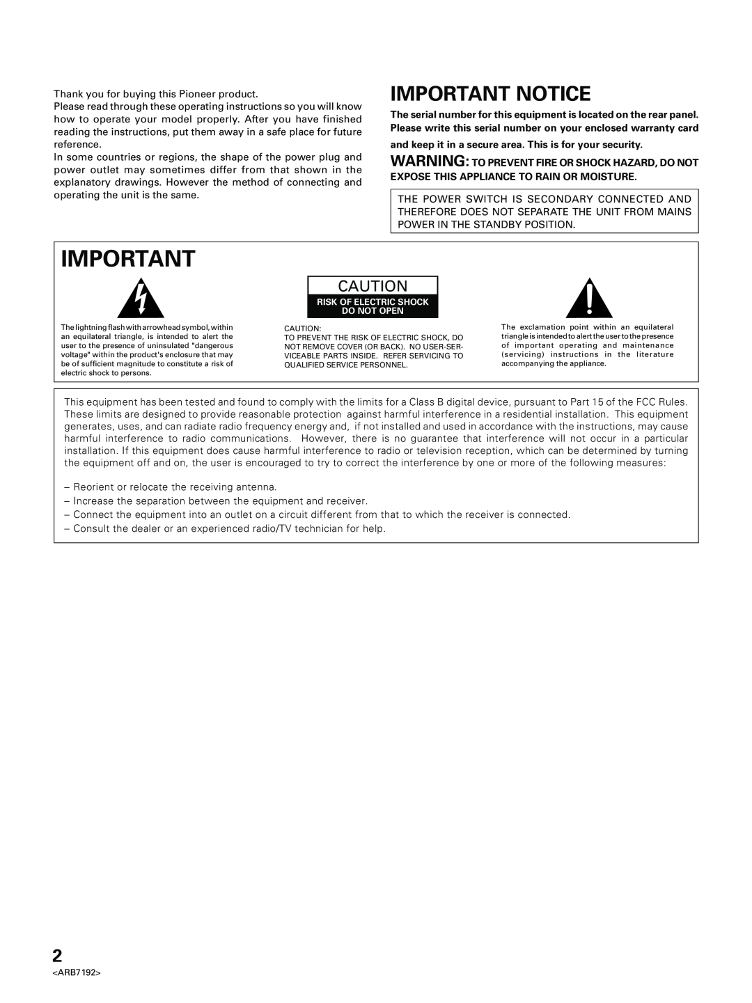 Pioneer VSX-D498 operating instructions Important Notice 