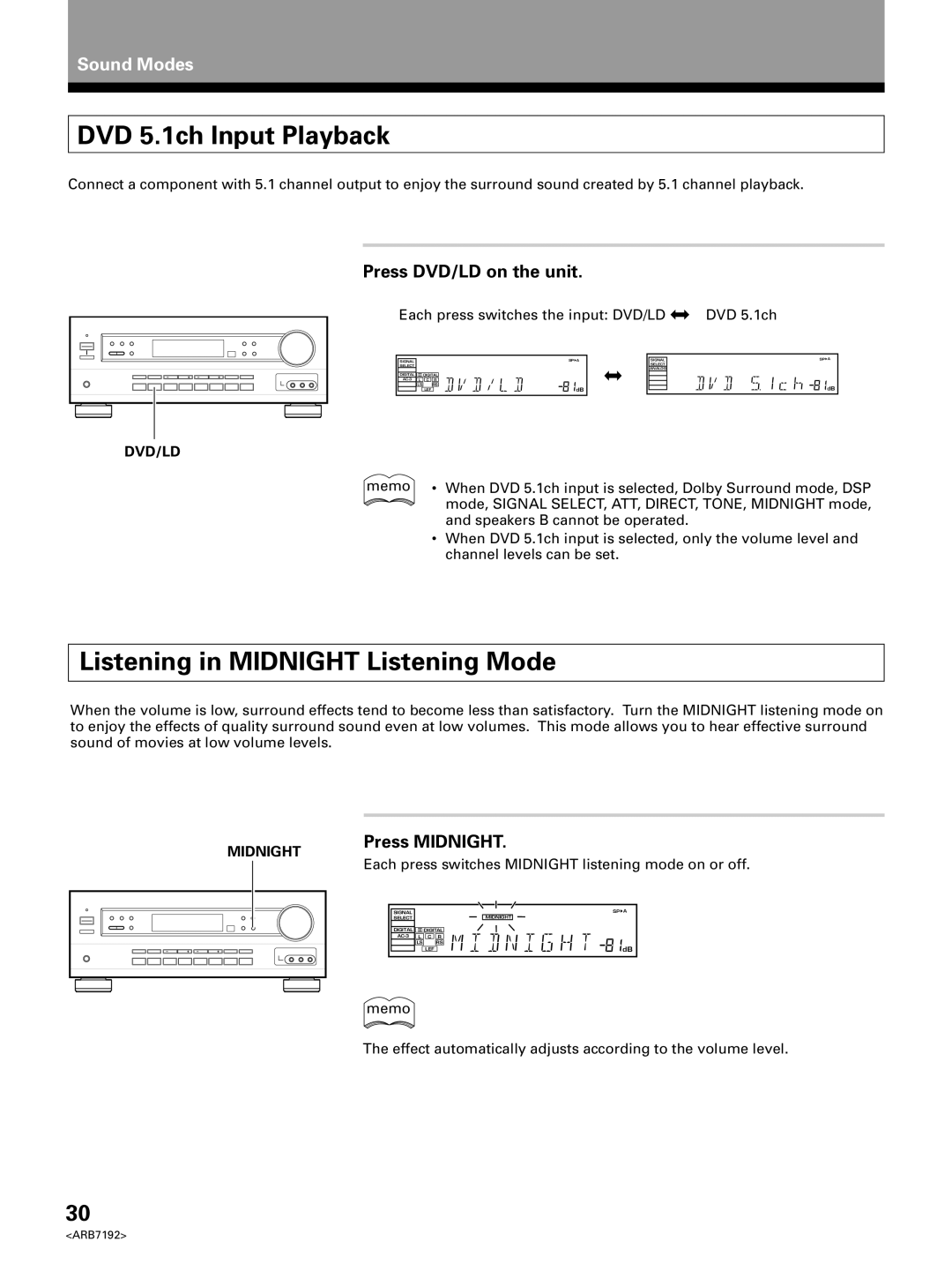 Pioneer VSX-D498 DVD 5.1ch Input Playback, Listening in MIDNIGHT Listening Mode, Press DVD/LD on the unit, Press MIDNIGHT 