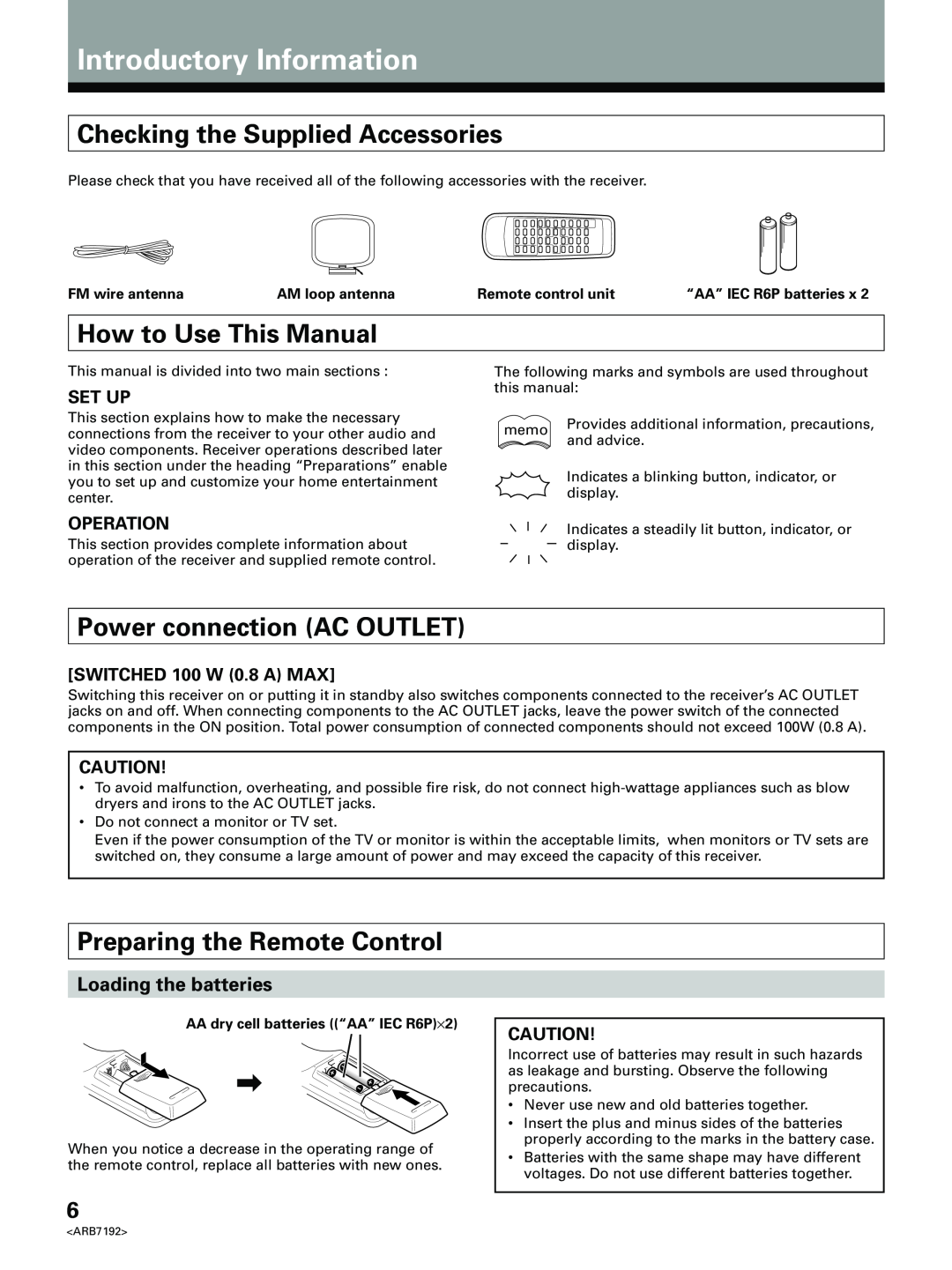 Pioneer VSX-D498 Introductory Information, Checking the Supplied Accessories, How to Use This Manual, Set Up, Operation 