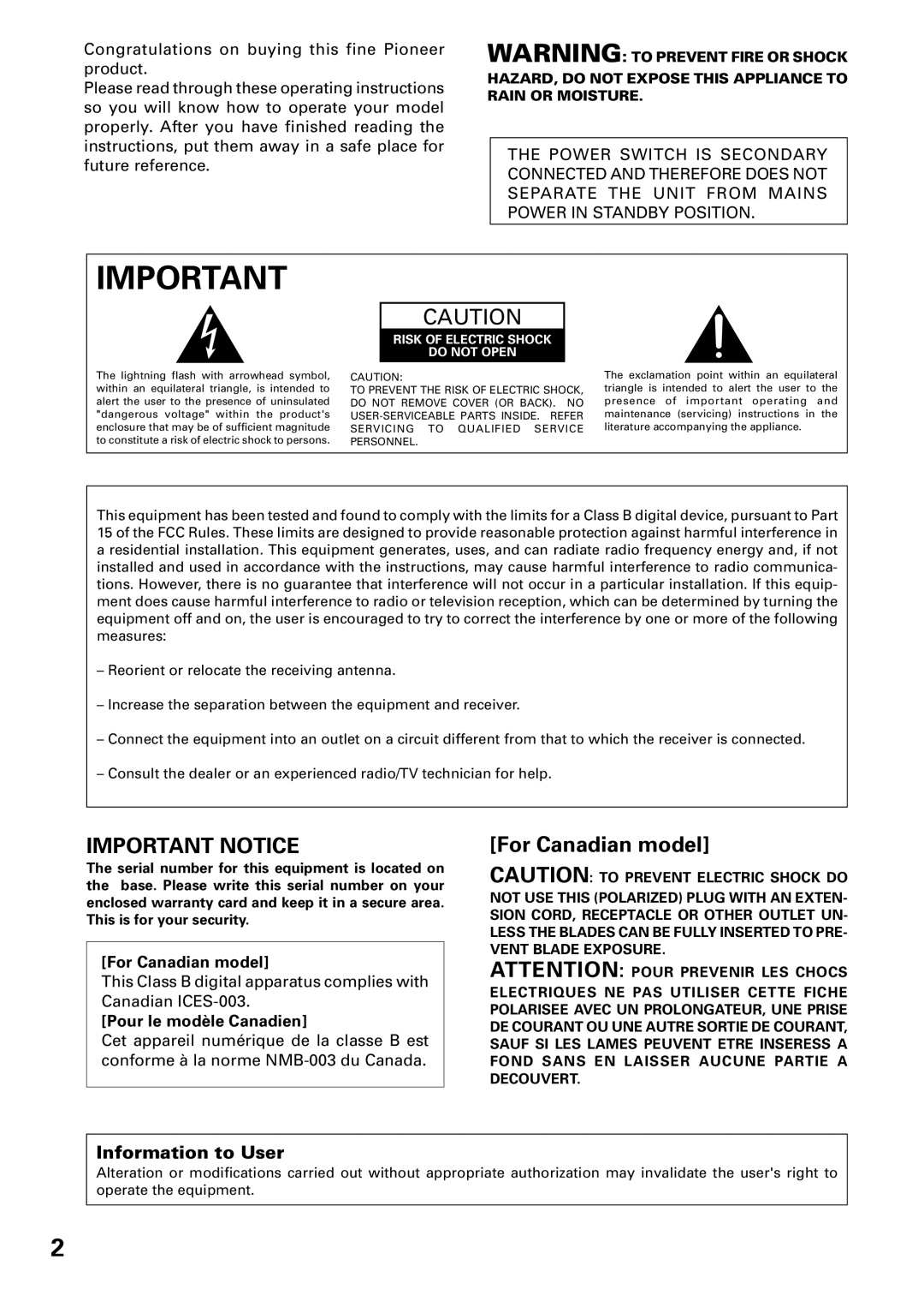 Pioneer VSX-D509S, VSX-D409 manual For Canadian model, Information to User 