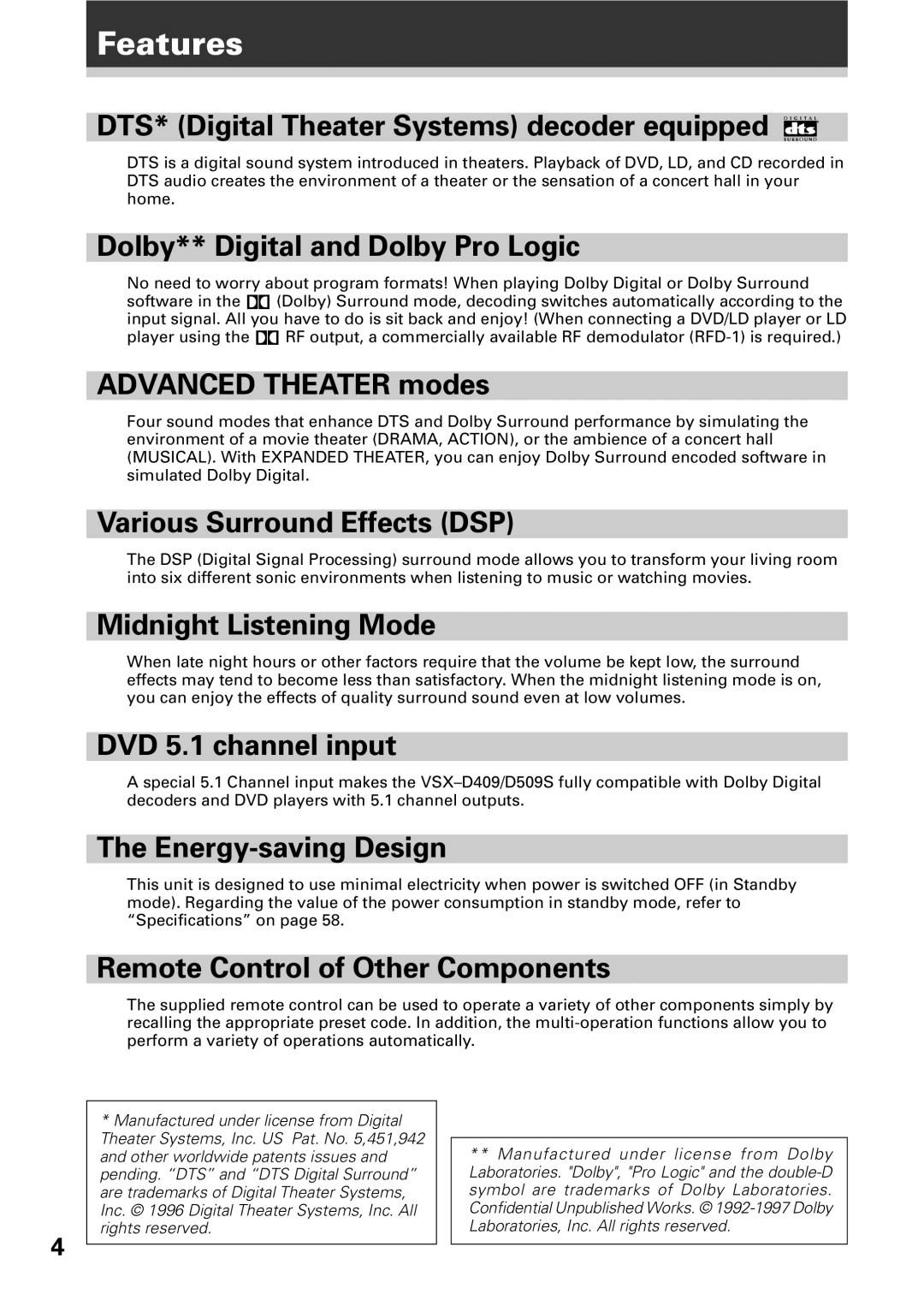 Pioneer VSX-D509S, VSX-D409 manual Features 