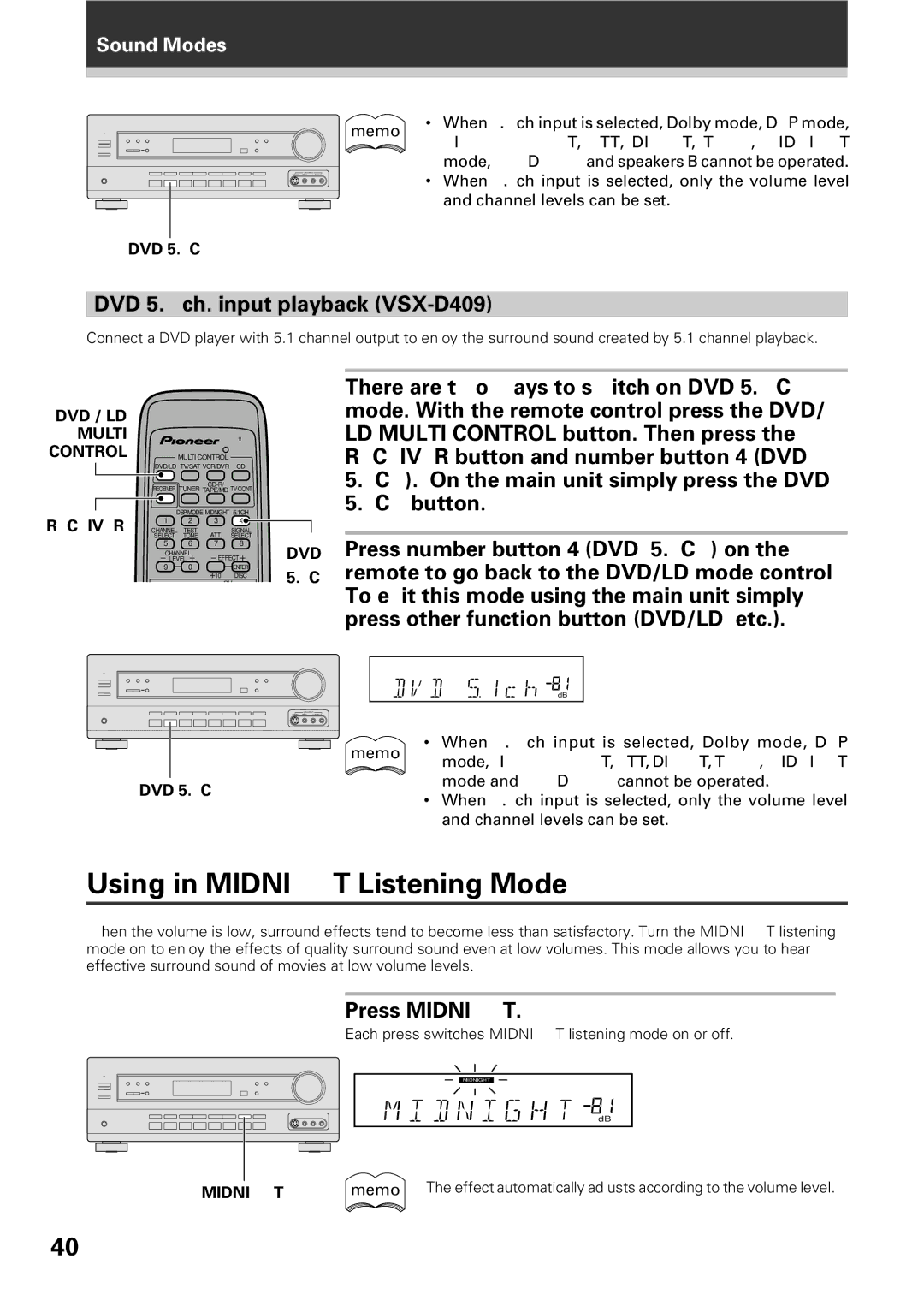 Pioneer VSX-D509S manual Using in Midnight Listening Mode, DVD 5.1 ch. input playback VSX-D409, Press Midnight 