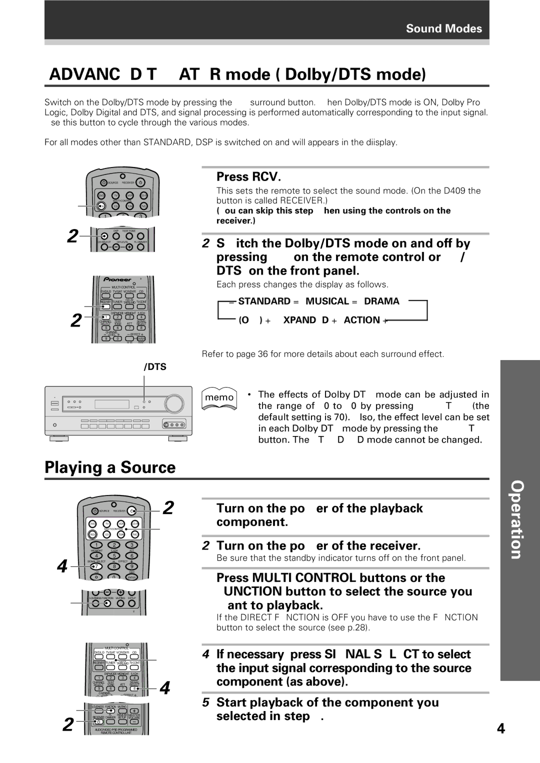 Pioneer VSX-D409 manual Advanced Theater mode Dolby/DTS mode, Playing a Source, Switch the Dolby/DTS mode on and off by 