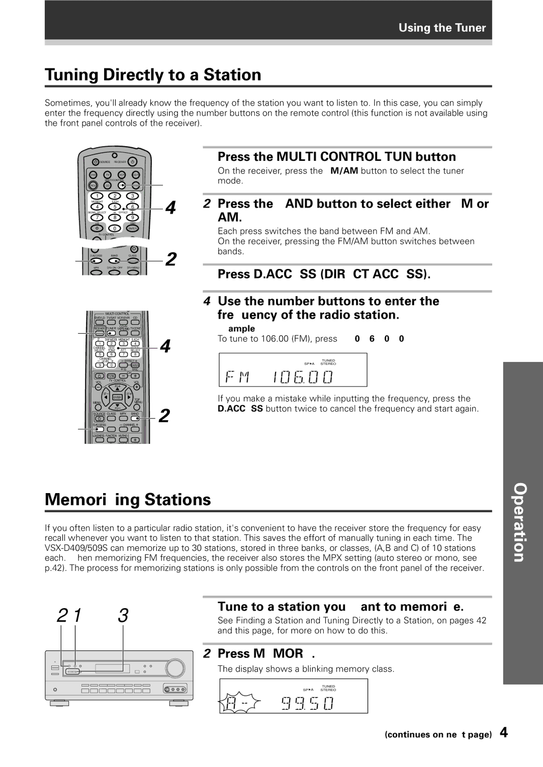 Pioneer VSX-D409, VSX-D509S manual Memorizing Stations, Use the number buttons to enter, Frequency of the radio station 