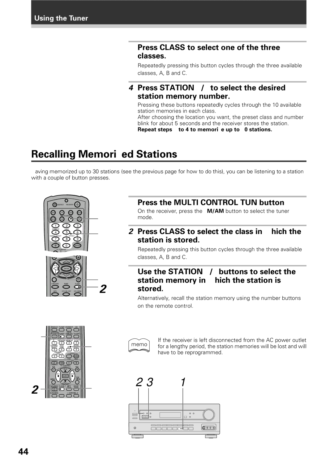 Pioneer VSX-D509S, VSX-D409 manual Recalling Memorized Stations, Press Class to select one of the three classes 