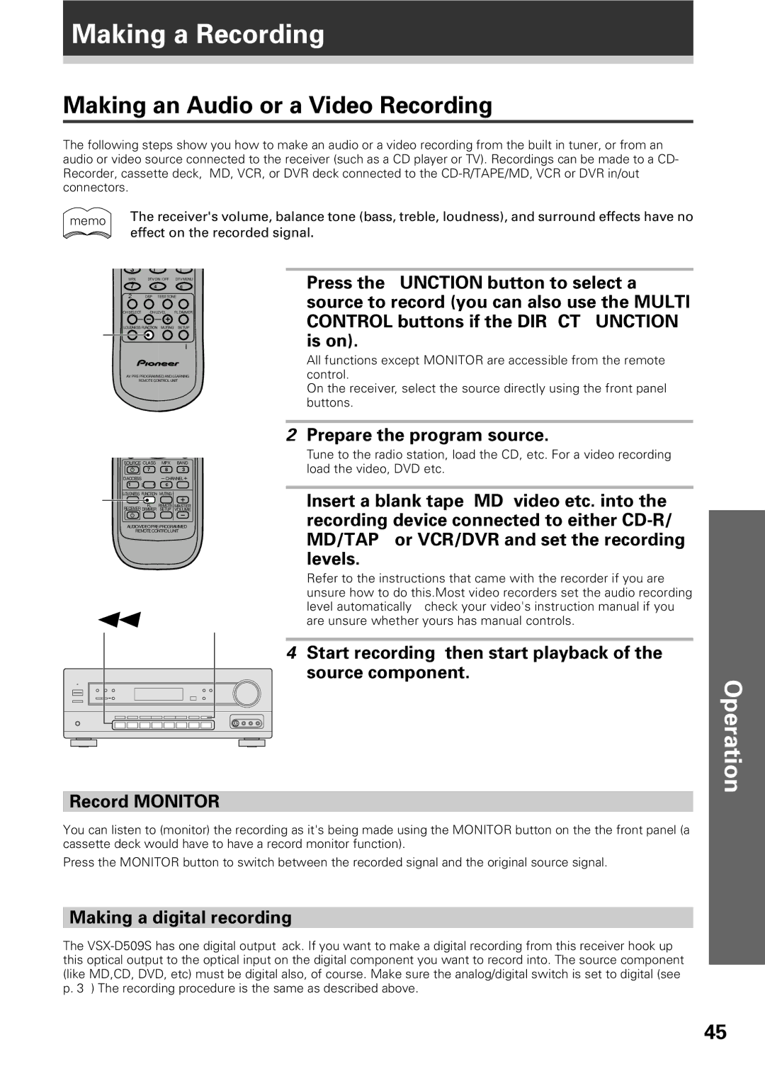 Pioneer VSX-D409 Making a Recording, Making an Audio or a Video Recording, Prepare the program source, Record Monitor 