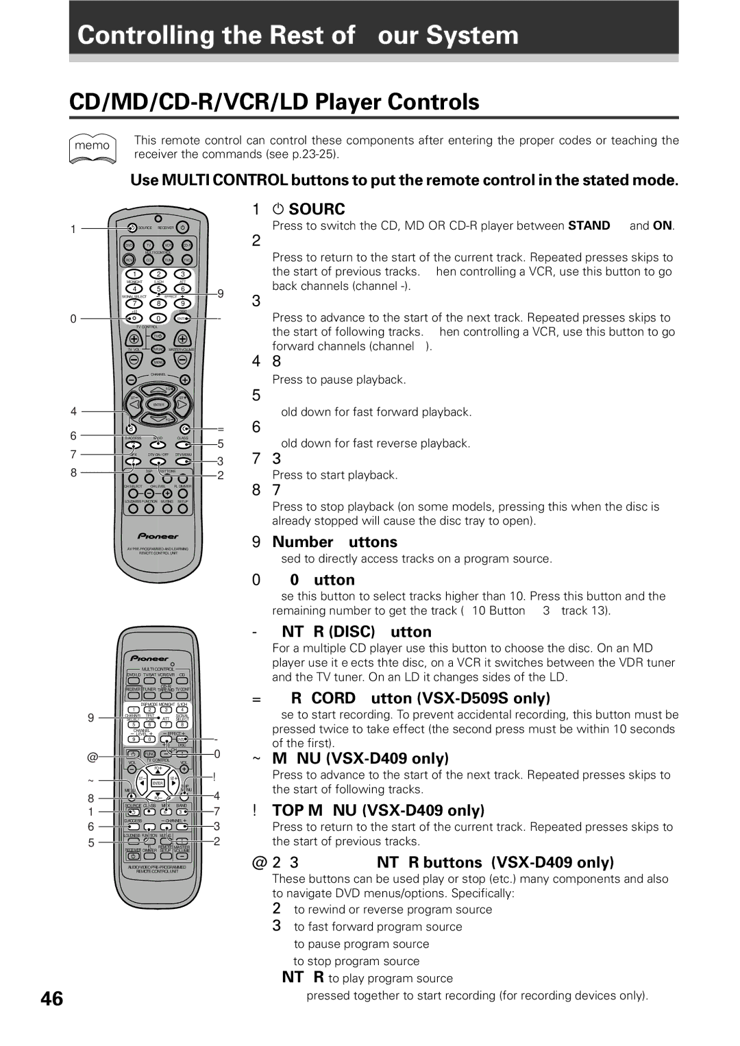 Pioneer VSX-D509S, VSX-D409 manual Controlling the Rest of Your System, CD/MD/CD-R/VCR/LD Player Controls 