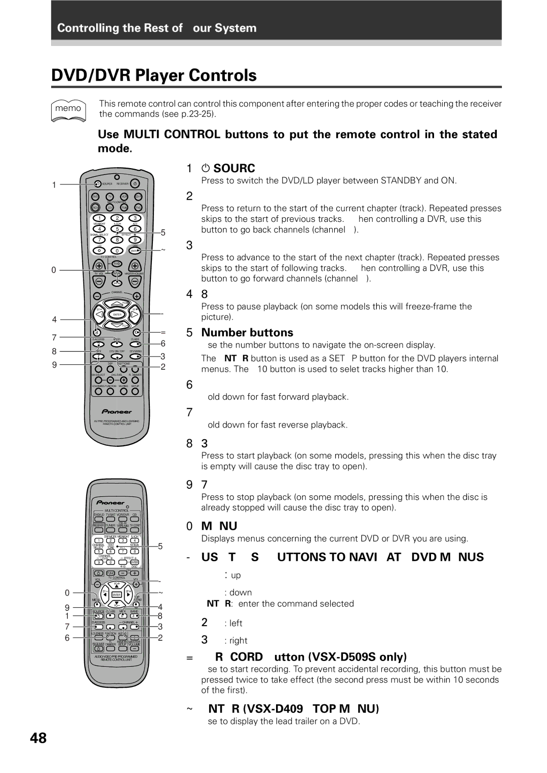 Pioneer VSX-D509S, VSX-D409 manual DVD/DVR Player Controls, = 5 Number buttons 