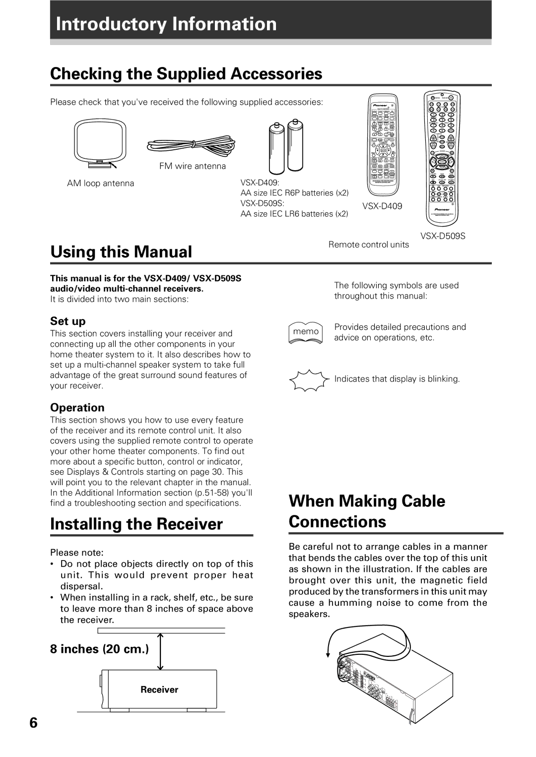 Pioneer VSX-D509S Introductory Information, Checking the Supplied Accessories, Using this Manual, Installing the Receiver 