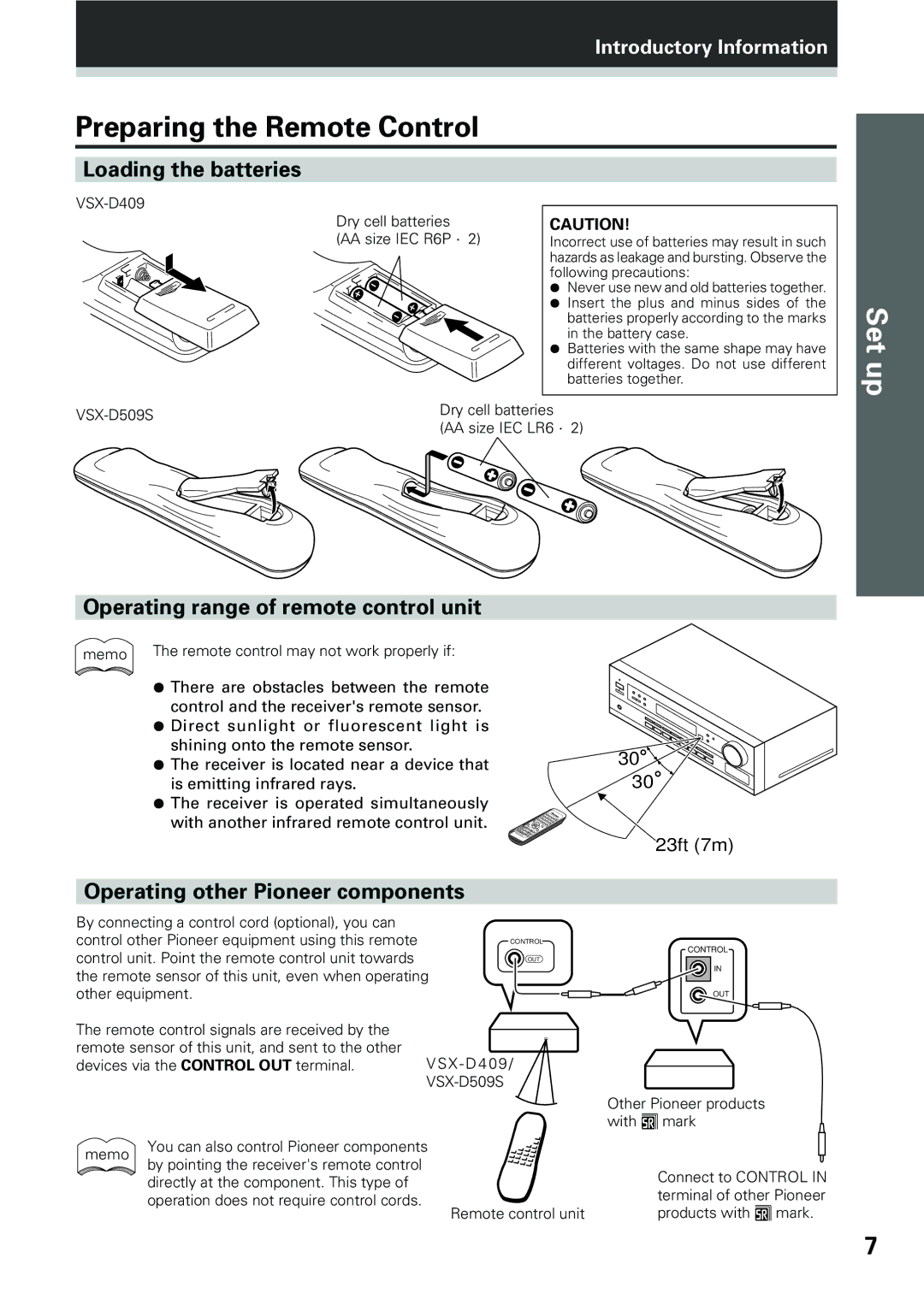 Pioneer VSX-D409, VSX-D509S Preparing the Remote Control, Loading the batteries, Operating range of remote control unit 