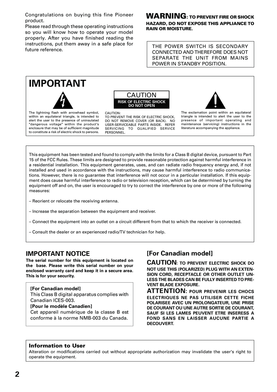Pioneer VSX-D509S, VSX-D409 manual Important Notice, For Canadian model, Information to User 