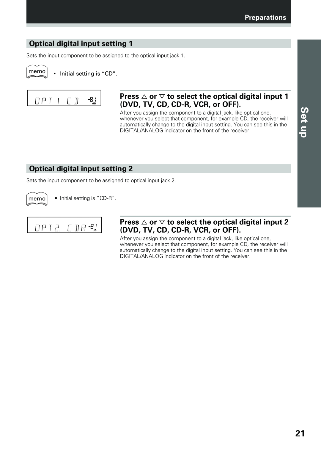 Pioneer VSX-D409 Optical digital input setting, Press % or Þ to select the optical digital input, Set up, Preparations 