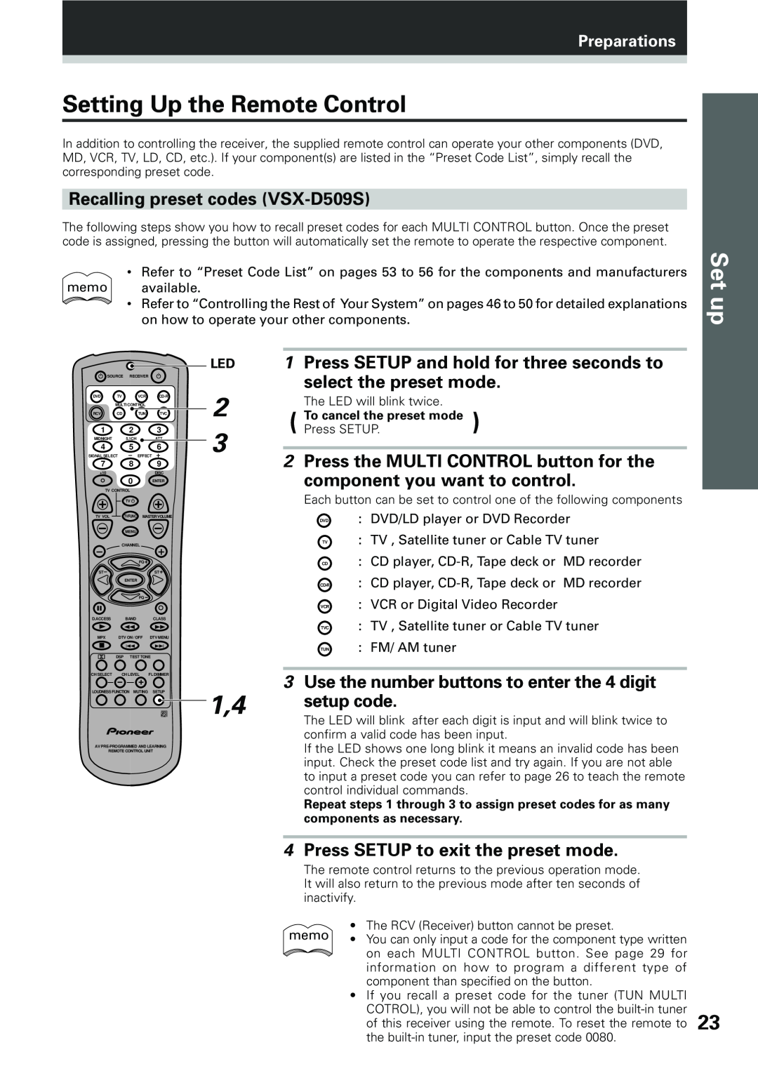 Pioneer VSX-D409 manual Setting Up the Remote Control, Recalling preset codes VSX-D509S, select the preset mode, setup code 