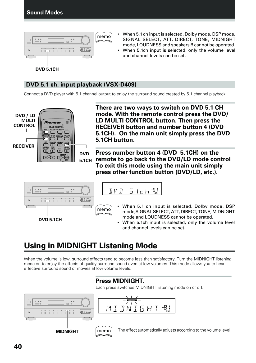 Pioneer VSX-D509S manual Using in MIDNIGHT Listening Mode, DVD 5.1 ch. input playback VSX-D409, Press MIDNIGHT, Sound Modes 