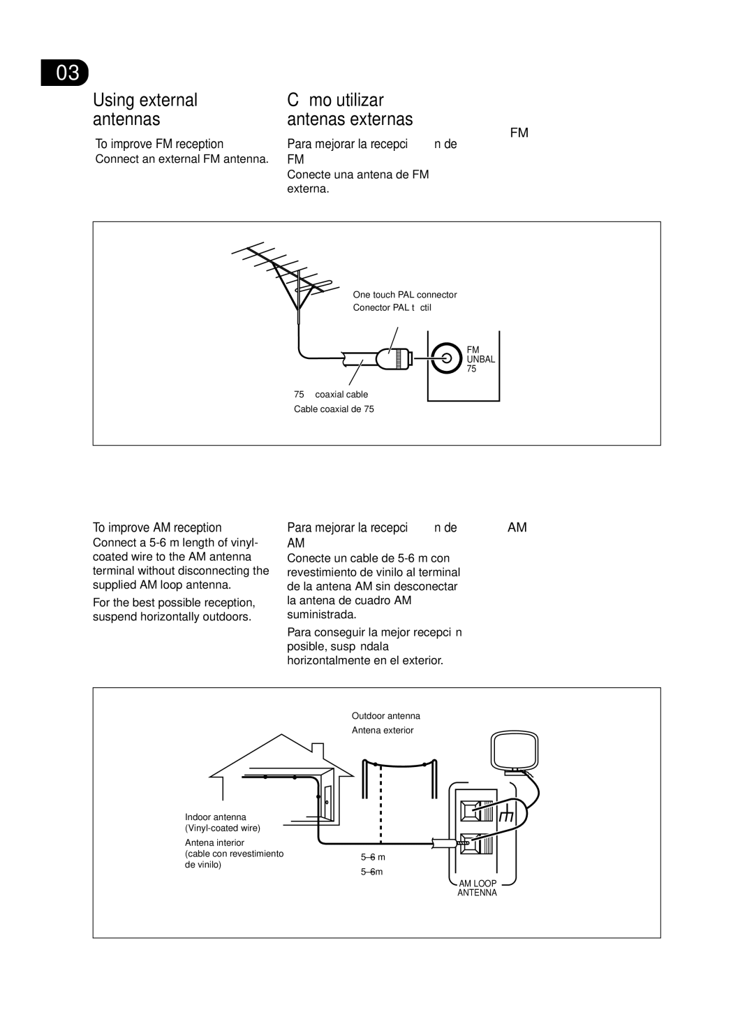 Pioneer VSX-D512-K, VSX-D512-S manual Using external Cómo utilizar Antennas Antenas externas, To improve AM reception 