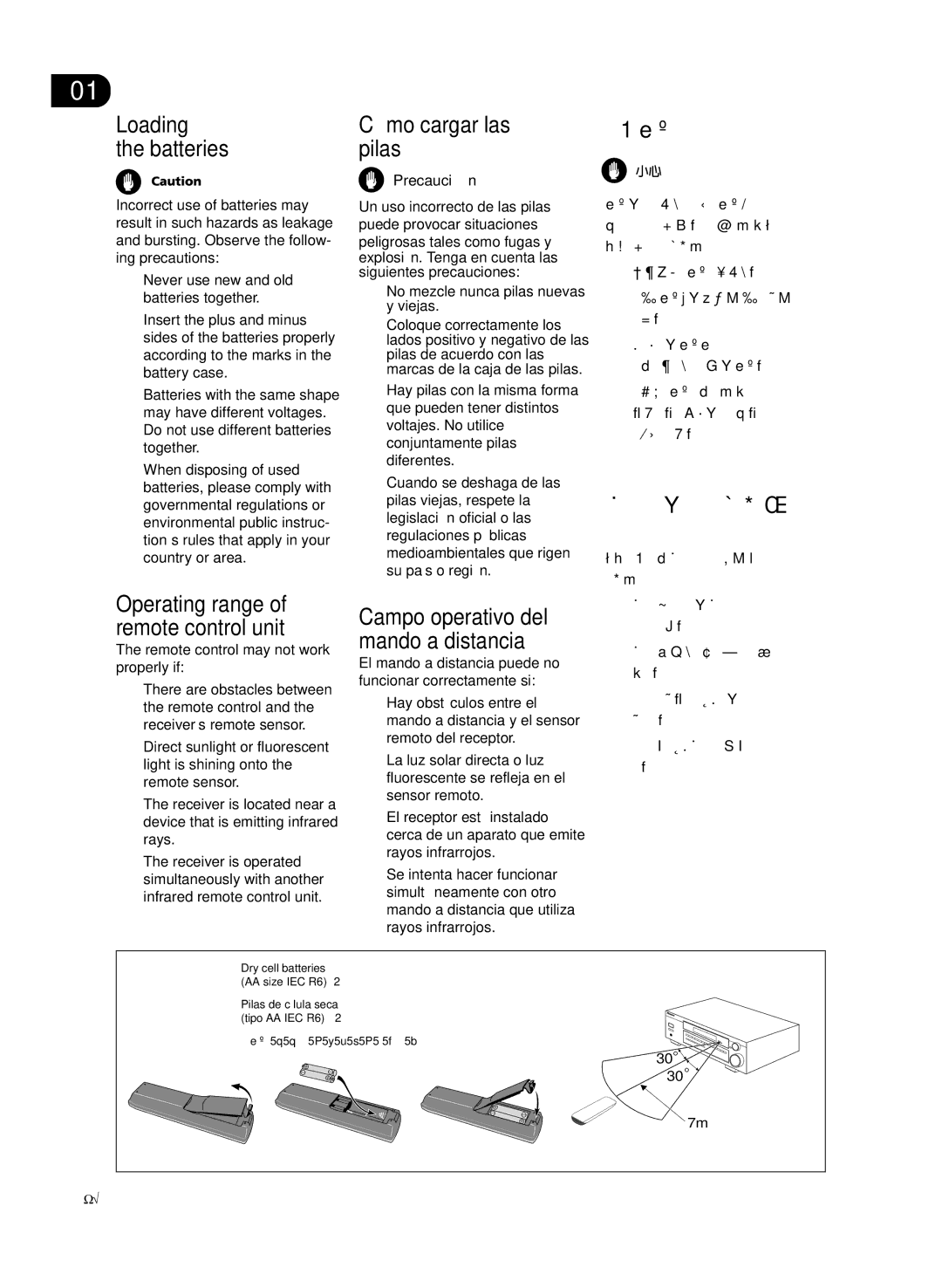 Pioneer VSX-D512-K, VSX-D512-S manual Loading Batteries, Cómo cargar las pilas, 裝載電池, Operating range of remote control unit 