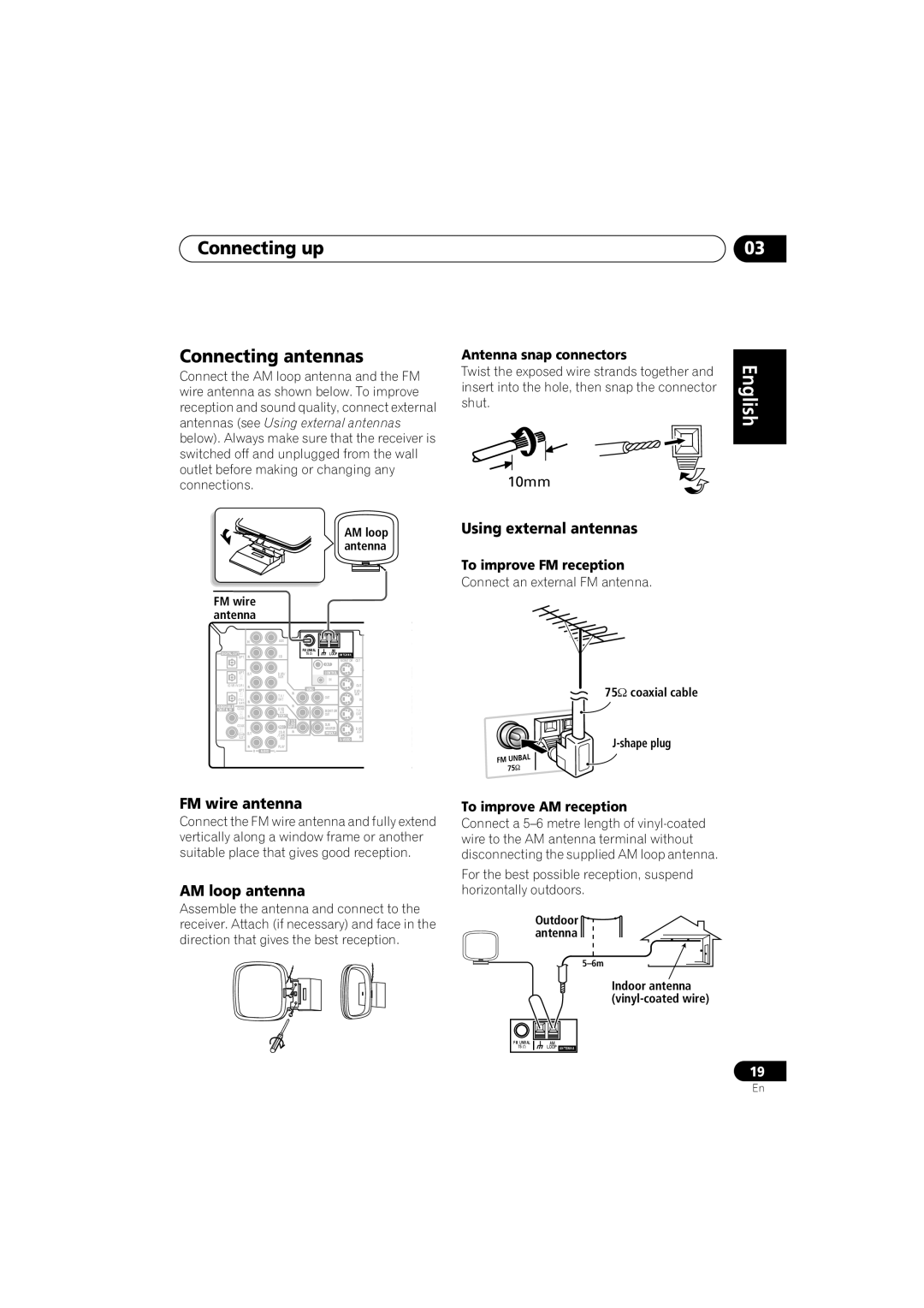 Pioneer VSX-D714 Connecting up Connecting antennas, Deutsch, Using external antennas, FM wire antenna, AM loop antenna 