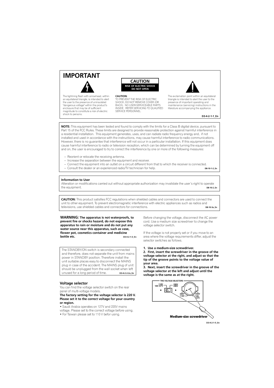 Pioneer VSX-D514, VSX-D714 manual Voltage selector, Risk of Electric Shock Do not Open 