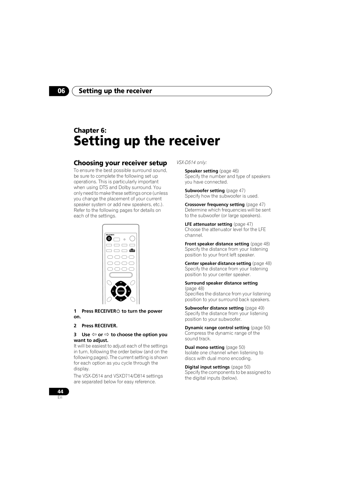 Pioneer VSX-D514, VSX-D714 manual Setting up the receiver Chapter, Choosing your receiver setup 