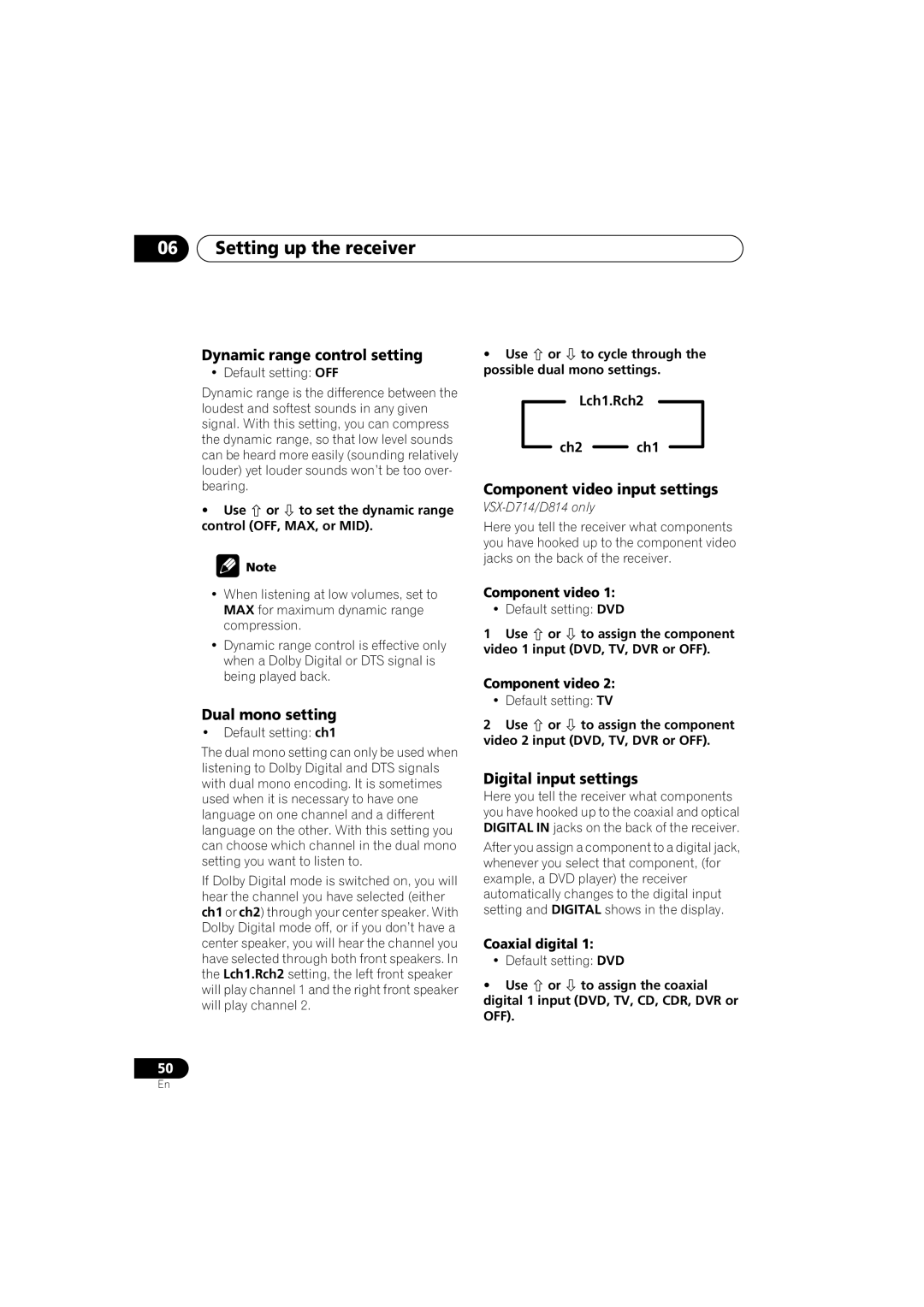 Pioneer VSX-D514 Dynamic range control setting, Dual mono setting, Component video input settings, Digital input settings 