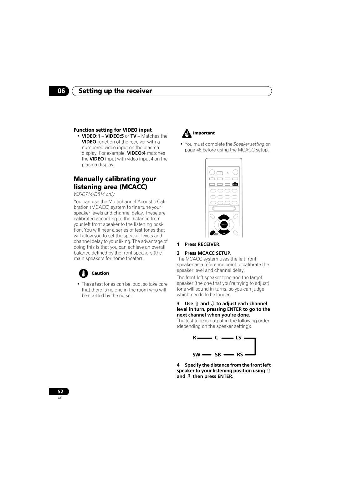 Pioneer VSX-D514, VSX-D714 manual Manually calibrating your listening area Mcacc, Function setting for Video input 