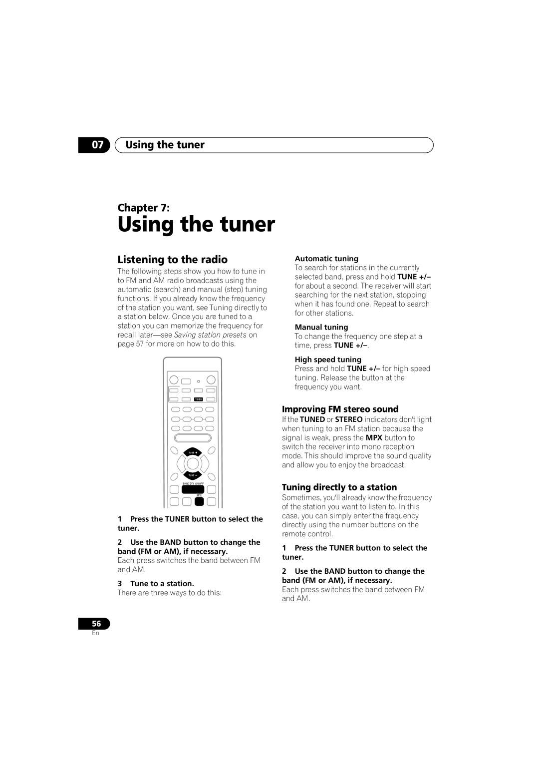 Pioneer VSX-D514, VSX-D714 manual Using the tuner Chapter, Listening to the radio, Improving FM stereo sound 