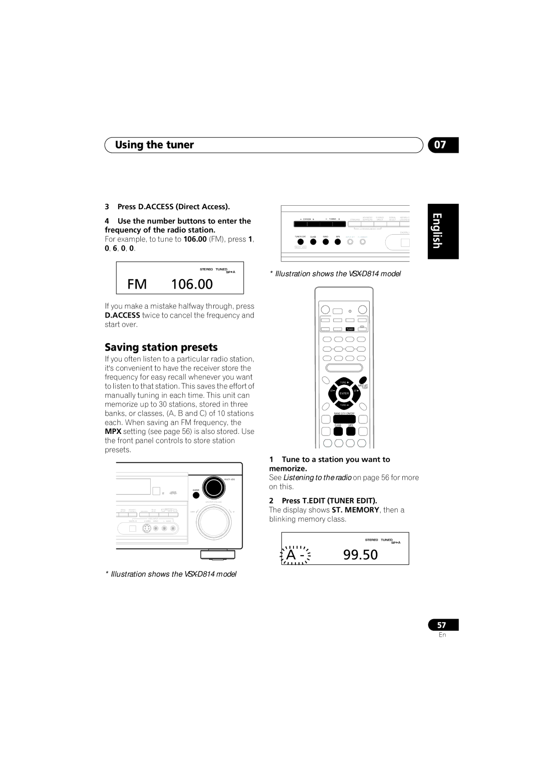 Pioneer VSX-D714 Using the tuner, Saving station presets, Tune to a station you want to memorize, Press T.EDIT Tuner Edit 