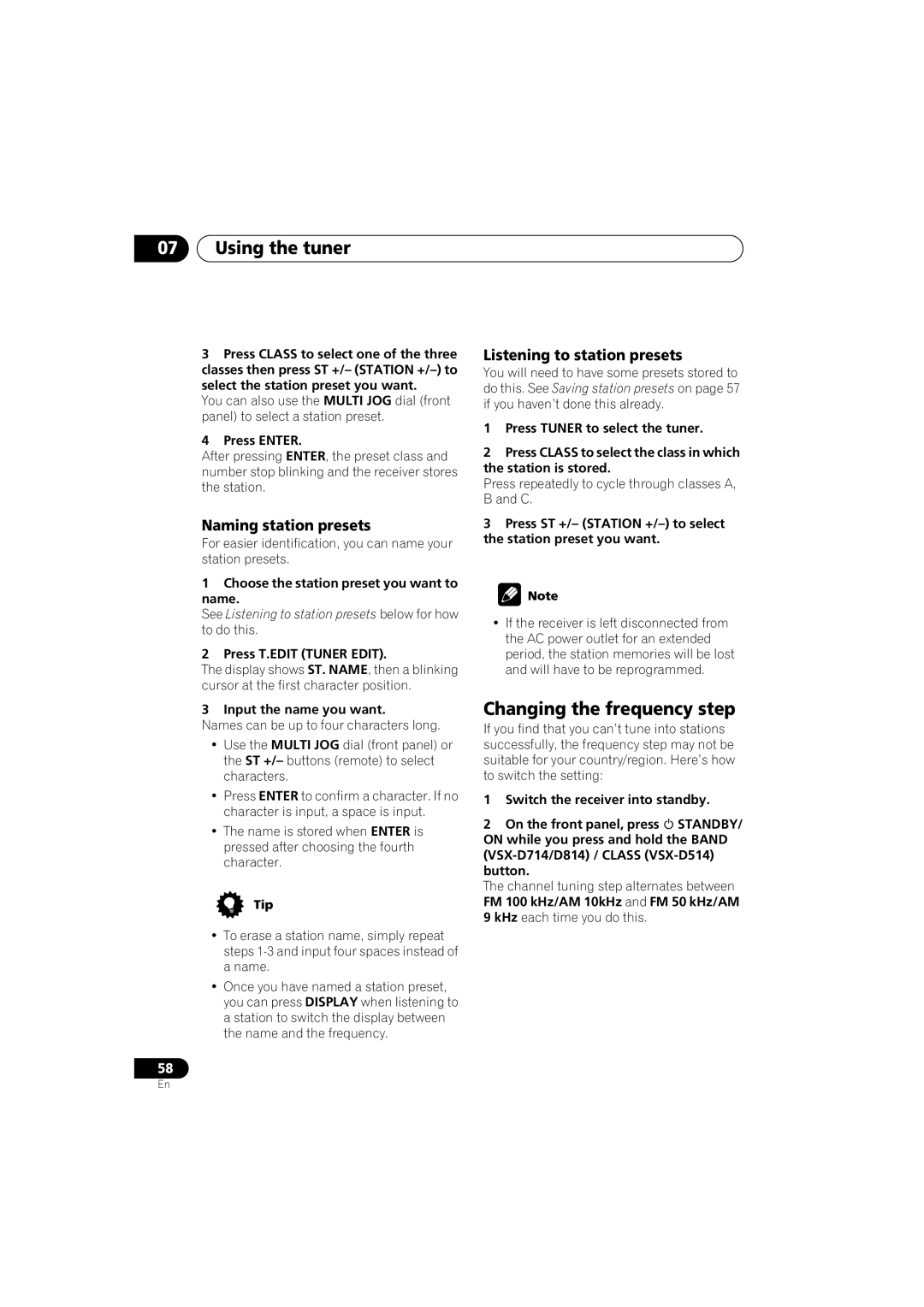 Pioneer VSX-D514, VSX-D714 manual Changing the frequency step, Naming station presets, Listening to station presets 