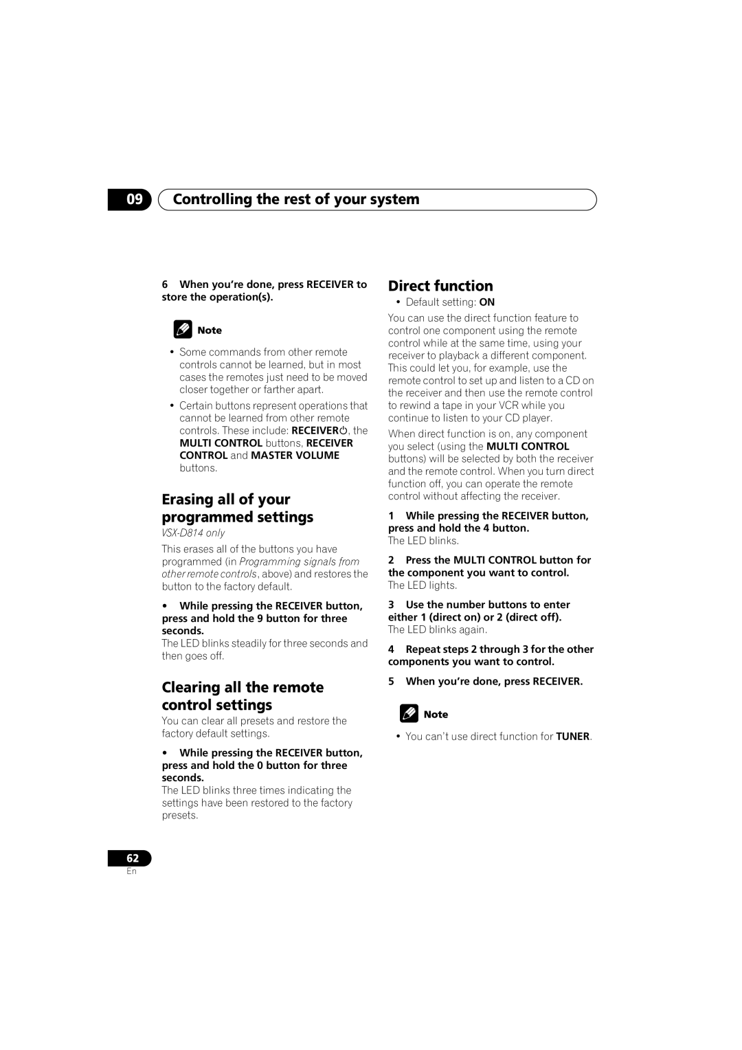 Pioneer VSX-D514 manual Erasing all of your programmed settings, Clearing all the remote control settings, Direct function 