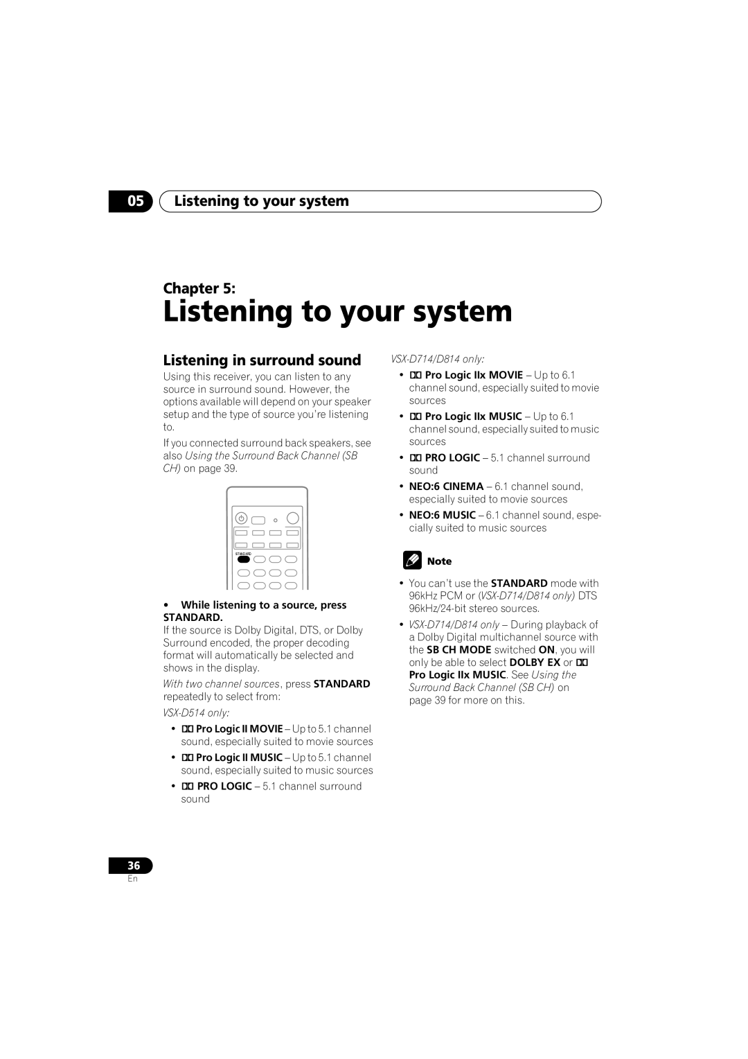 Pioneer VSX-D714 manual 05Listening to your system Chapter, Listening in surround sound, VSX-D514only 